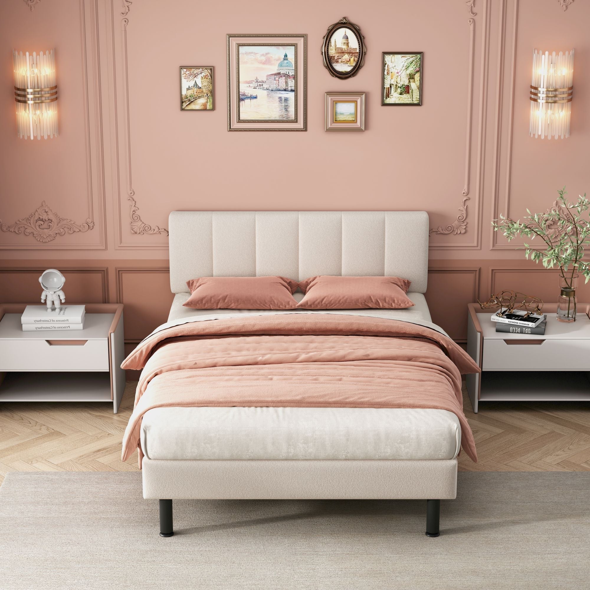 Upholstered Bed 140x190 Slatted Base Iron Legs Sherpa Fabric Beige
