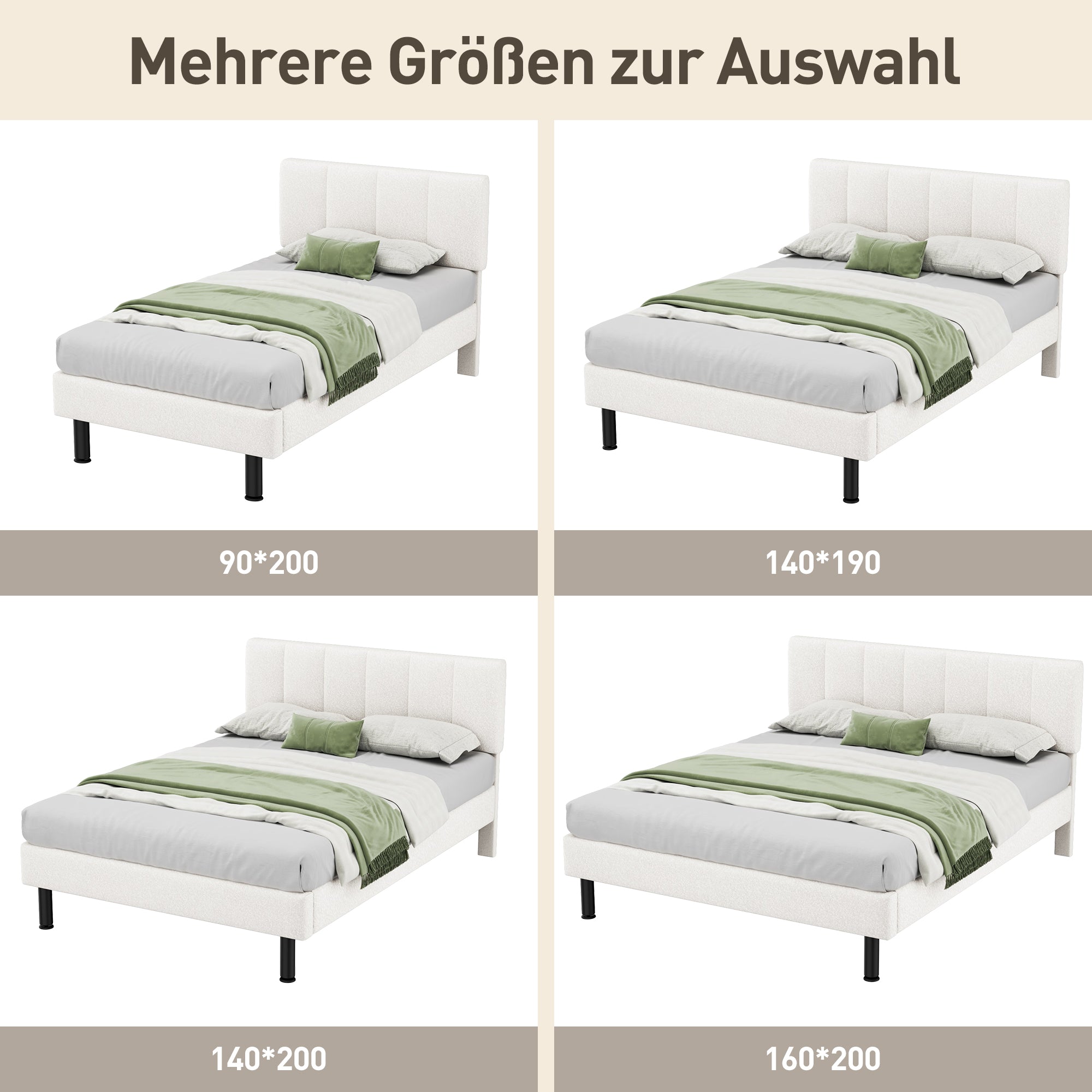 Upholstered Bed 140x190 Slatted Base Iron Legs Sherpa Fabric Beige