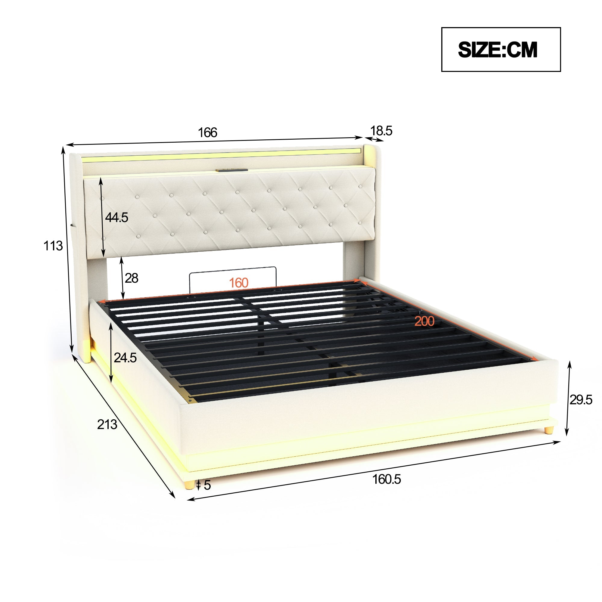 LED Upholstered Bed, 160x200 cm with USB Charging & Hydraulic Storage, Linen Fabric Beige