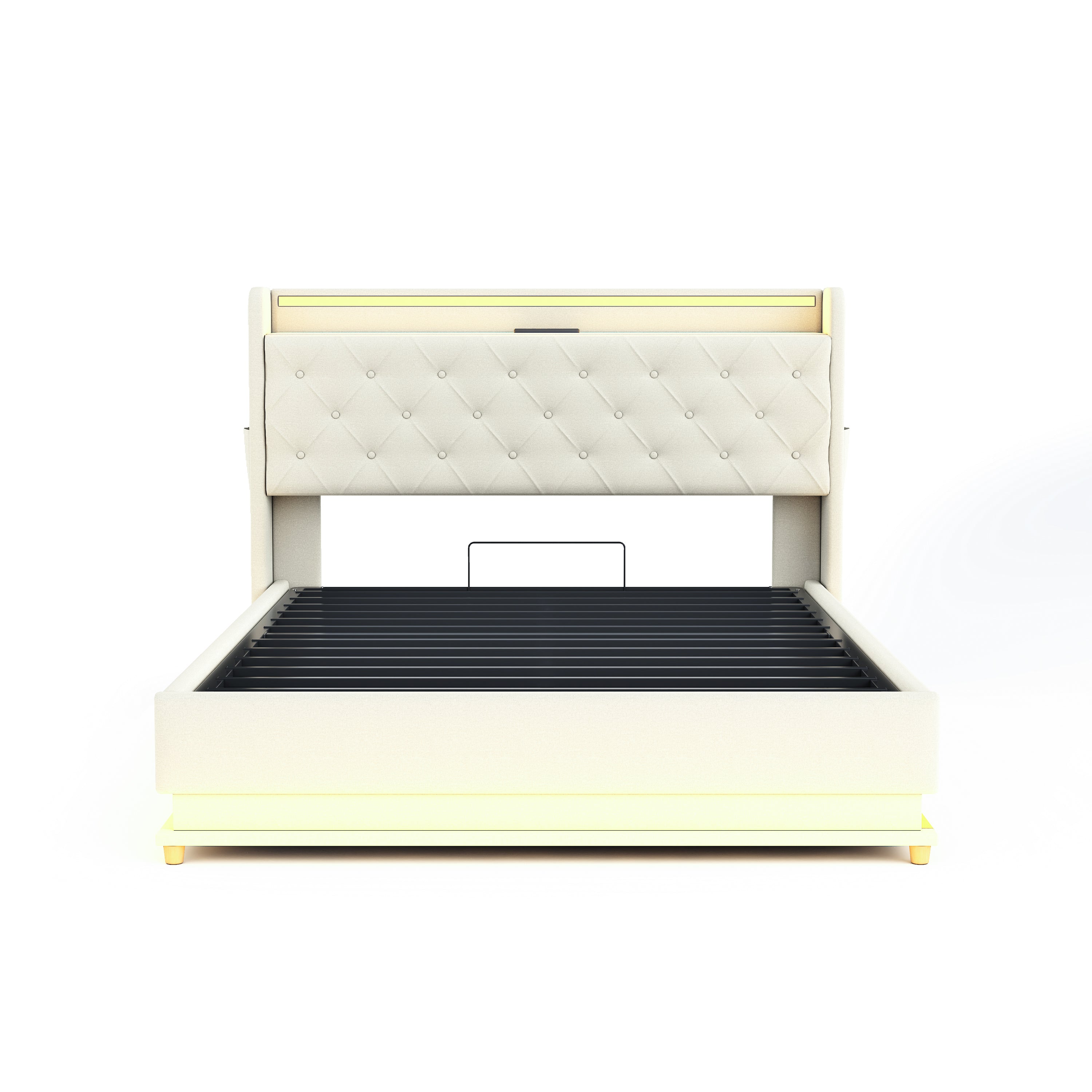 LED Upholstered Bed 140x200 cm, USB Charging & Hydraulic Storage, Linen Fabric Beige