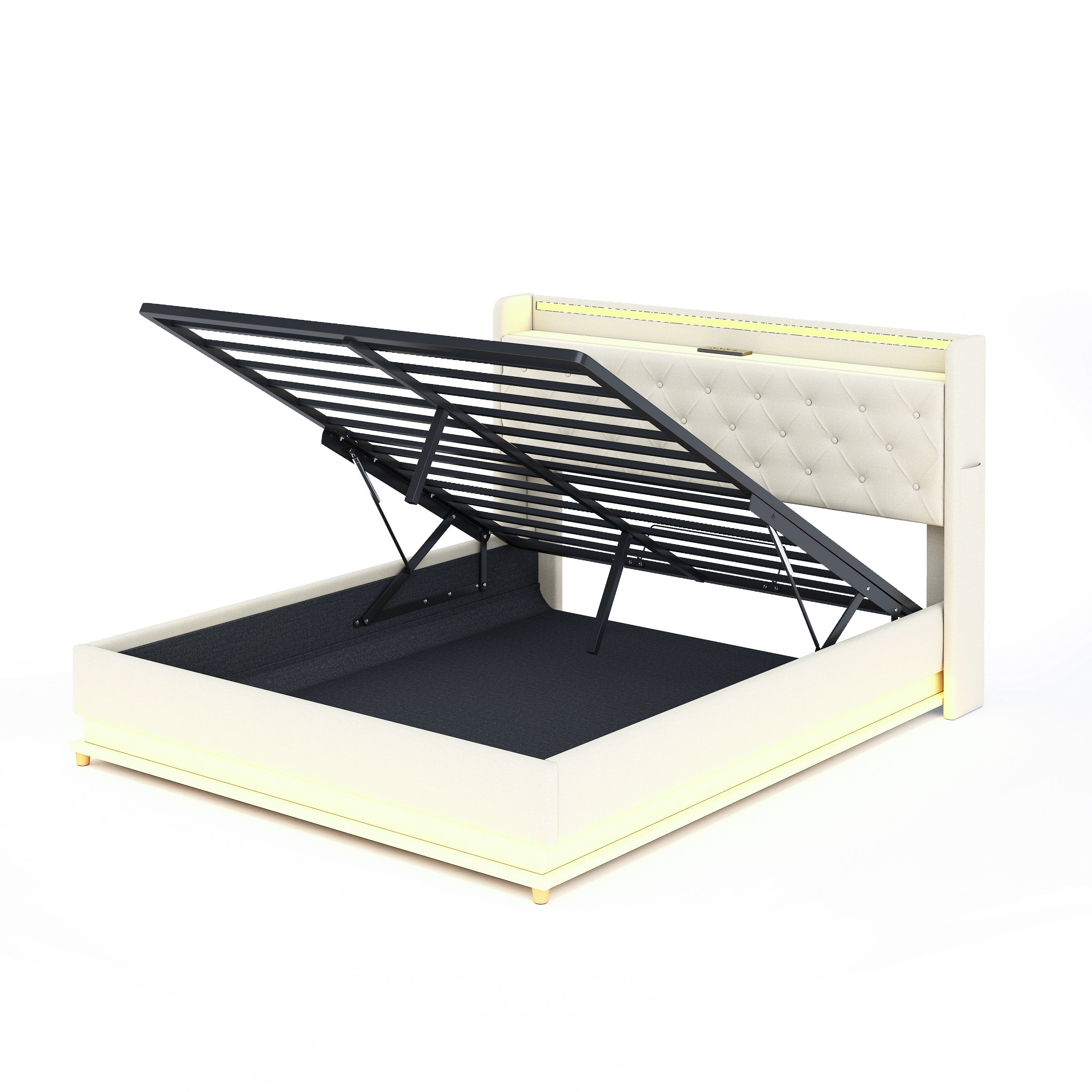 LED Upholstered Bed, 160x200 cm with USB Charging & Hydraulic Storage, Linen Fabric Beige