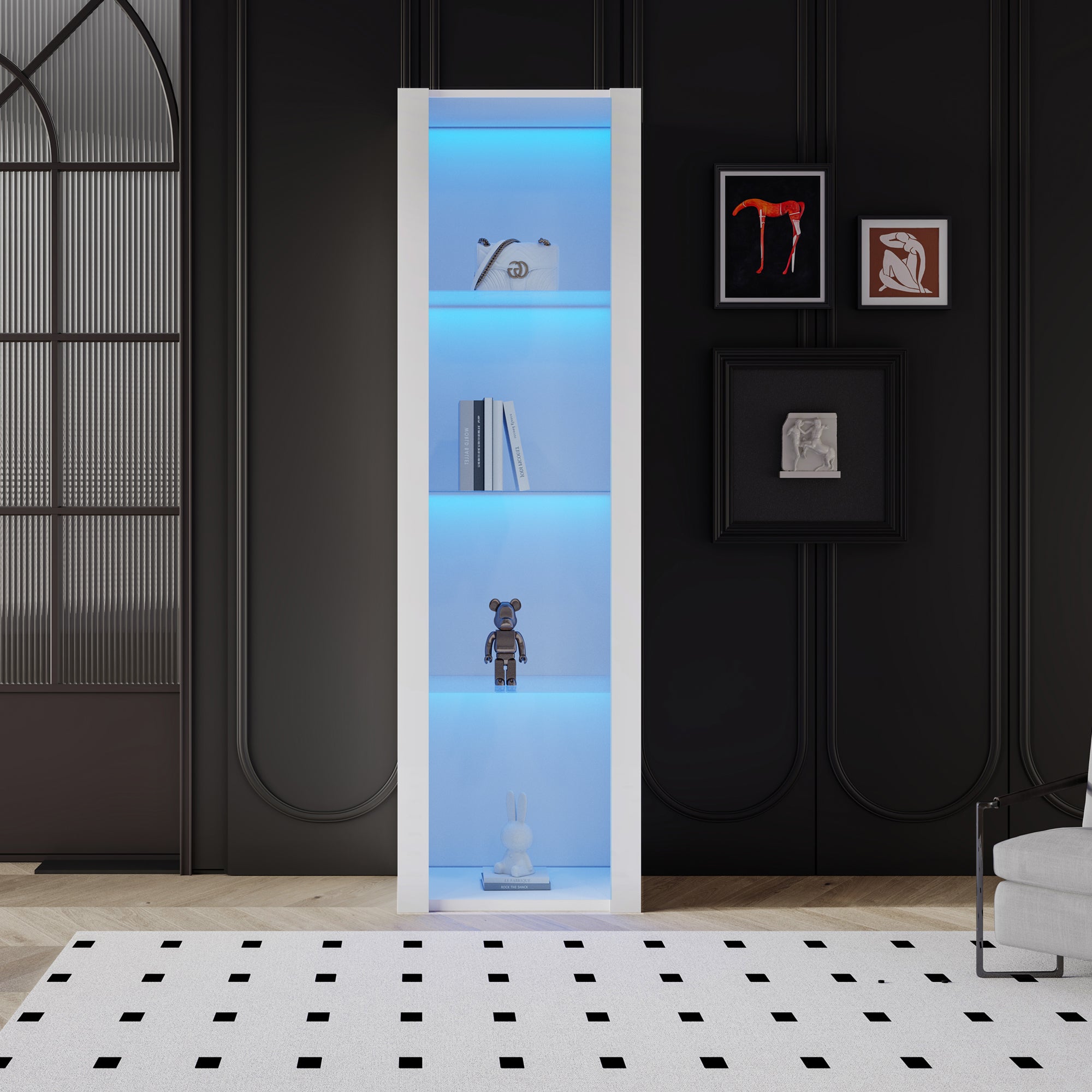White High-Gloss Display Cabinet with LED Lighting, 3 Glass Shelves, 55x38x166 cm