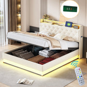 LED Upholstered Bed, 160x200 cm with USB Charging & Hydraulic Storage, Linen Fabric Beige
