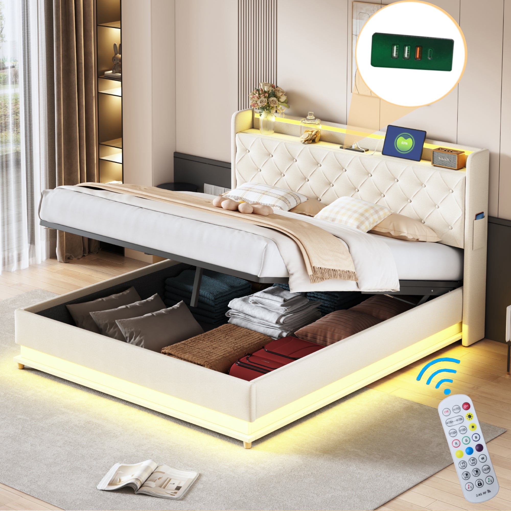 LED Upholstered Bed, 160x200 cm with USB Charging & Hydraulic Storage, Linen Fabric Beige