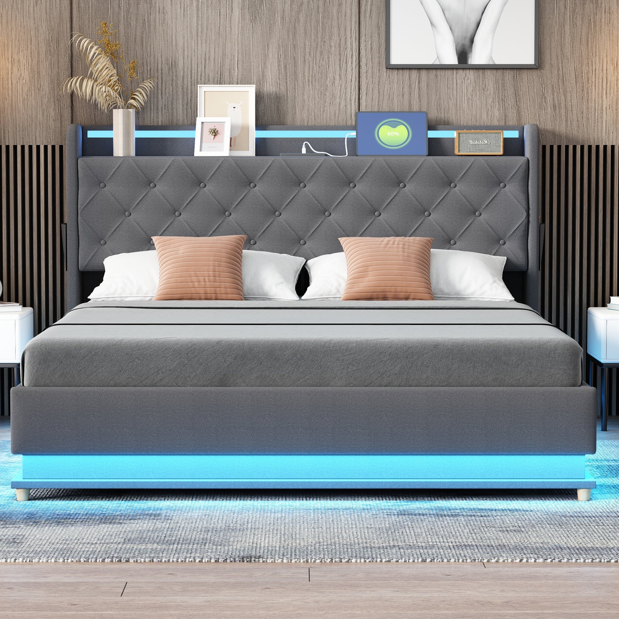 LED Upholstered Bed, 160x200 cm with USB Charging & Hydraulic Storage, Linen Fabric Gray