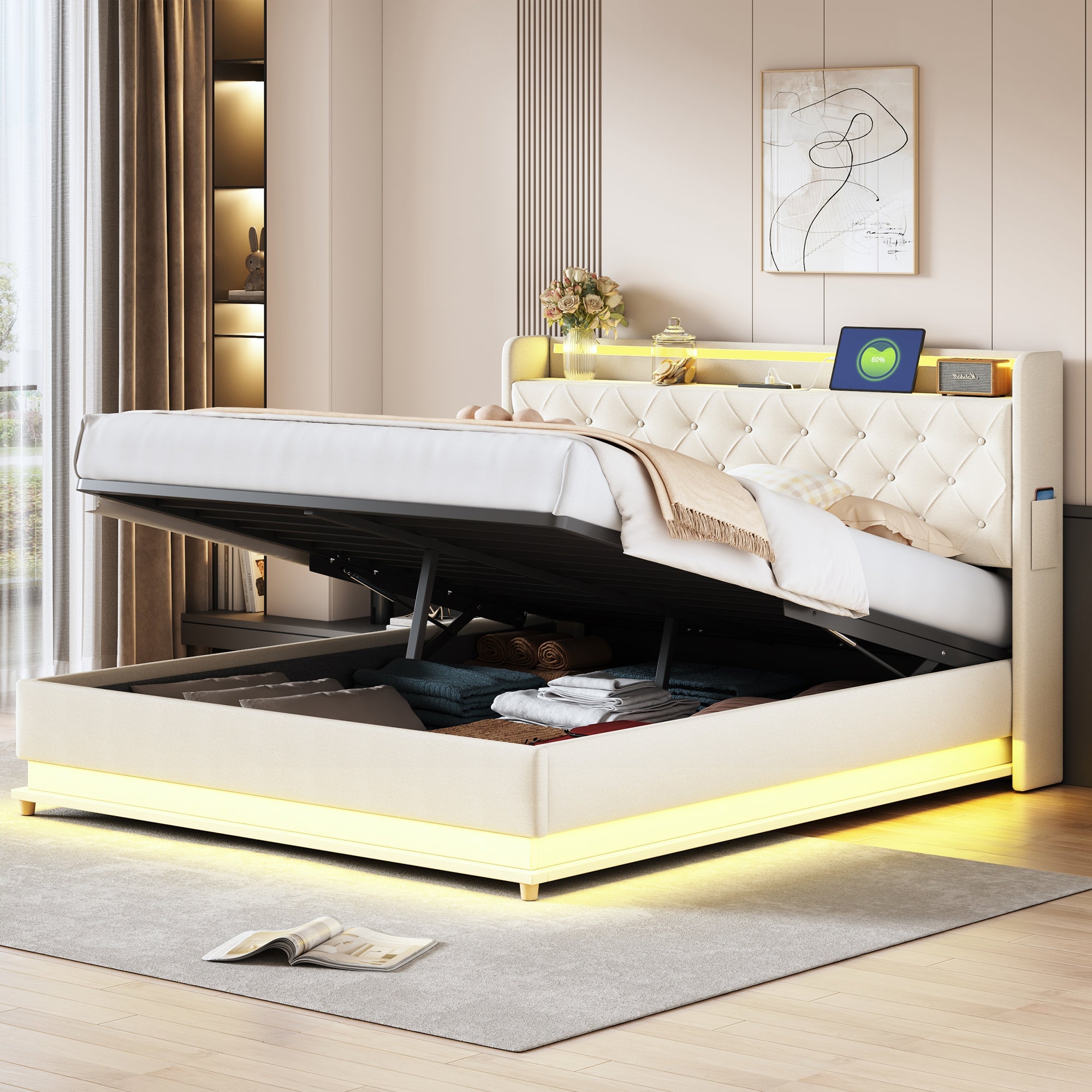 LED Upholstered Bed, 160x200 cm with USB Charging & Hydraulic Storage, Linen Fabric Beige
