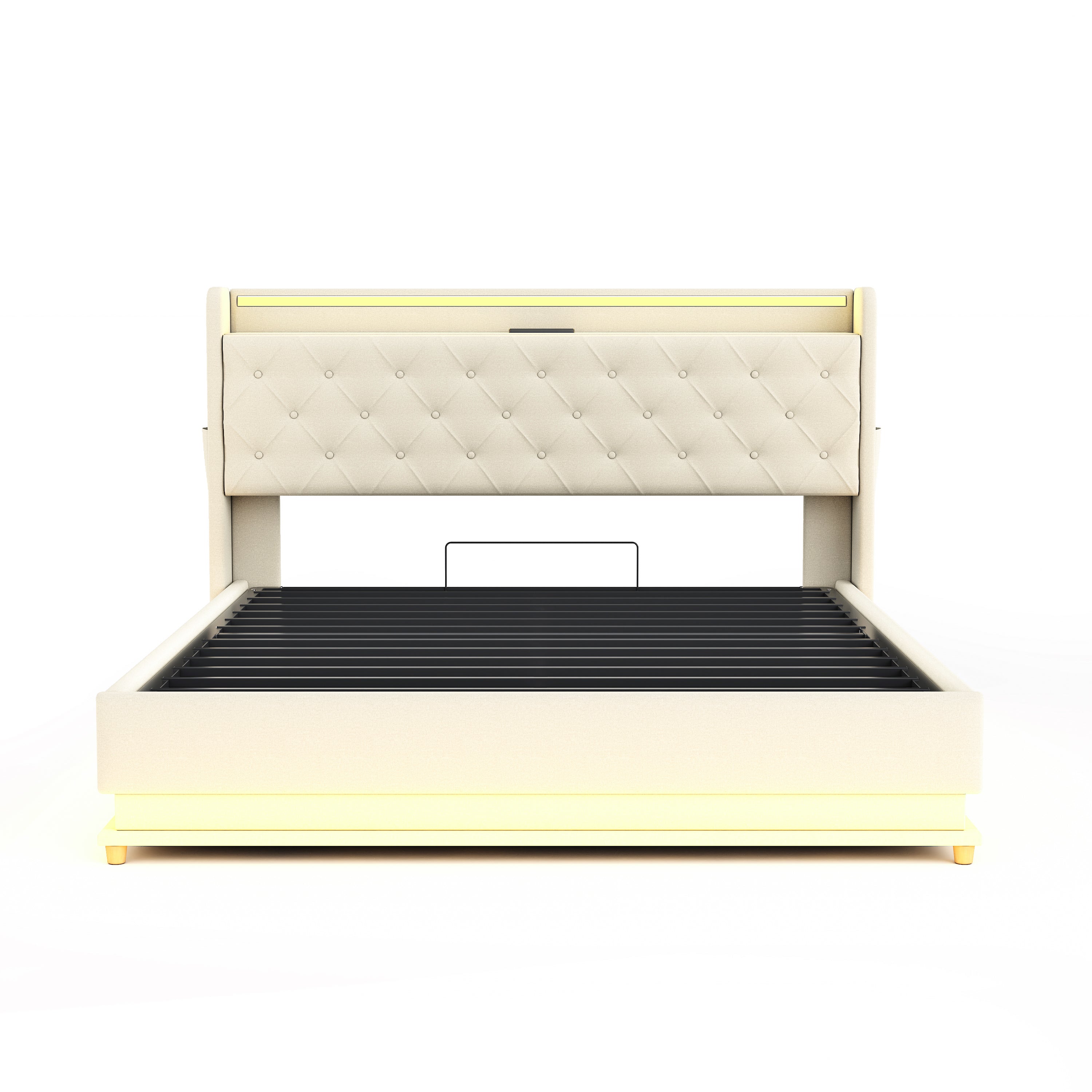 LED Upholstered Bed, 160x200 cm with USB Charging & Hydraulic Storage, Linen Fabric Beige