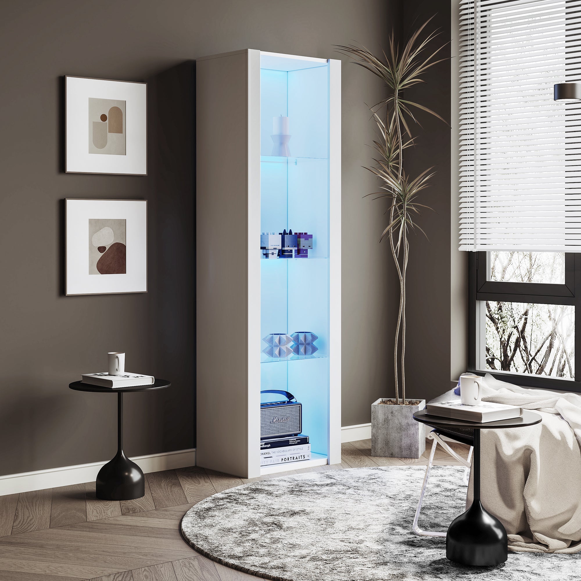 White High-Gloss Display Cabinet with LED Lighting, 3 Glass Shelves, 55x38x166 cm