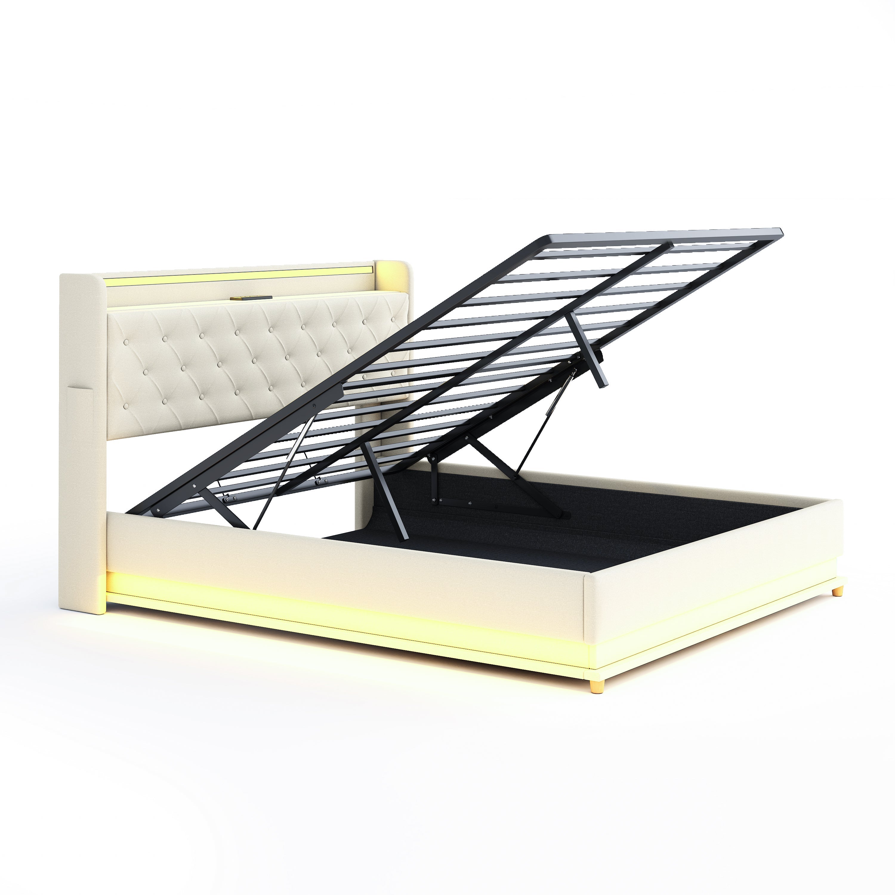 LED Upholstered Bed, 160x200 cm with USB Charging & Hydraulic Storage, Linen Fabric Beige