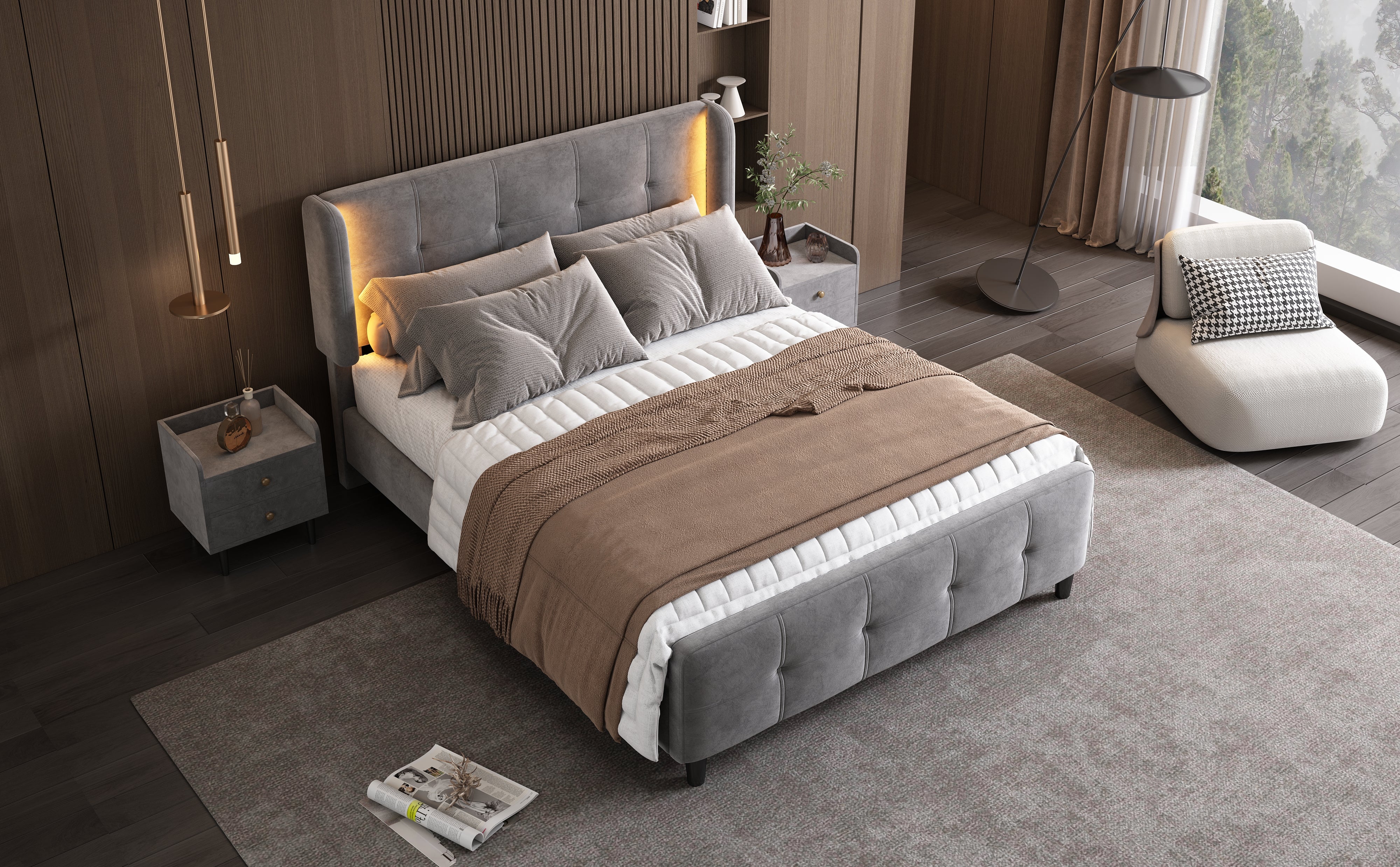 Upholstered Bed, Double with 16-Color LED, Adjustable Headboard, Velvet Gray