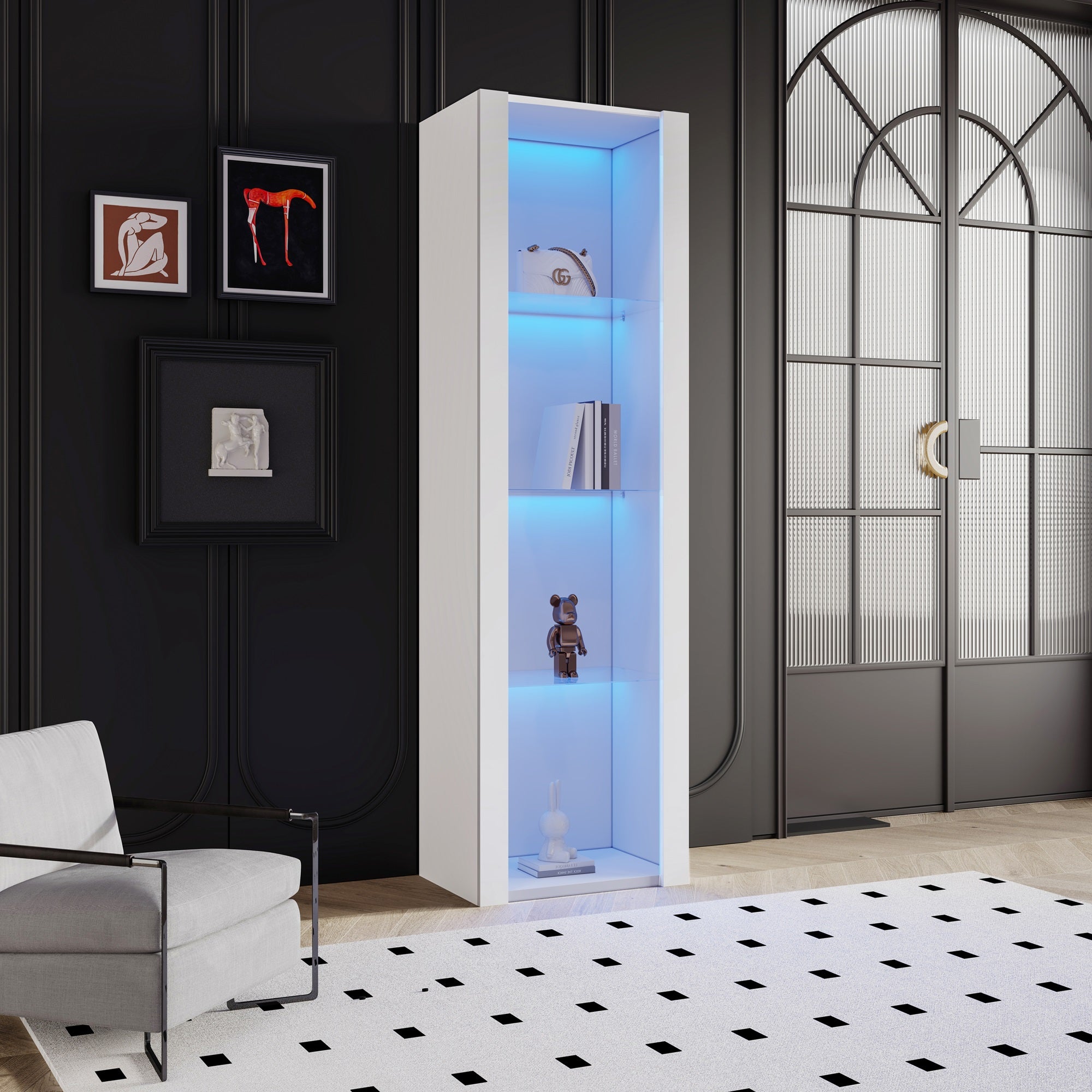 White High-Gloss Display Cabinet with LED Lighting, 3 Glass Shelves, 55x38x166 cm