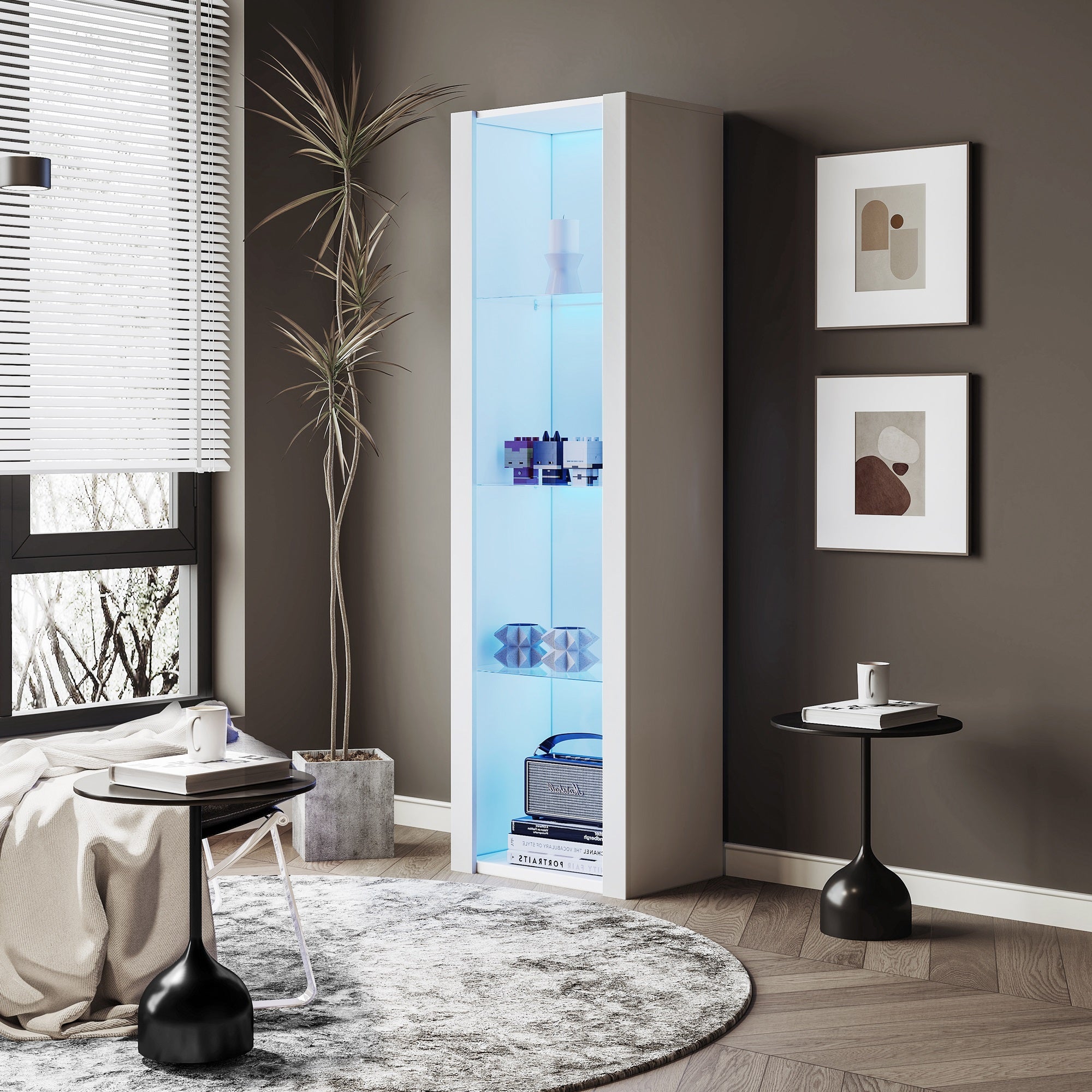 White High-Gloss Display Cabinet with LED Lighting, 3 Glass Shelves, 55x38x166 cm