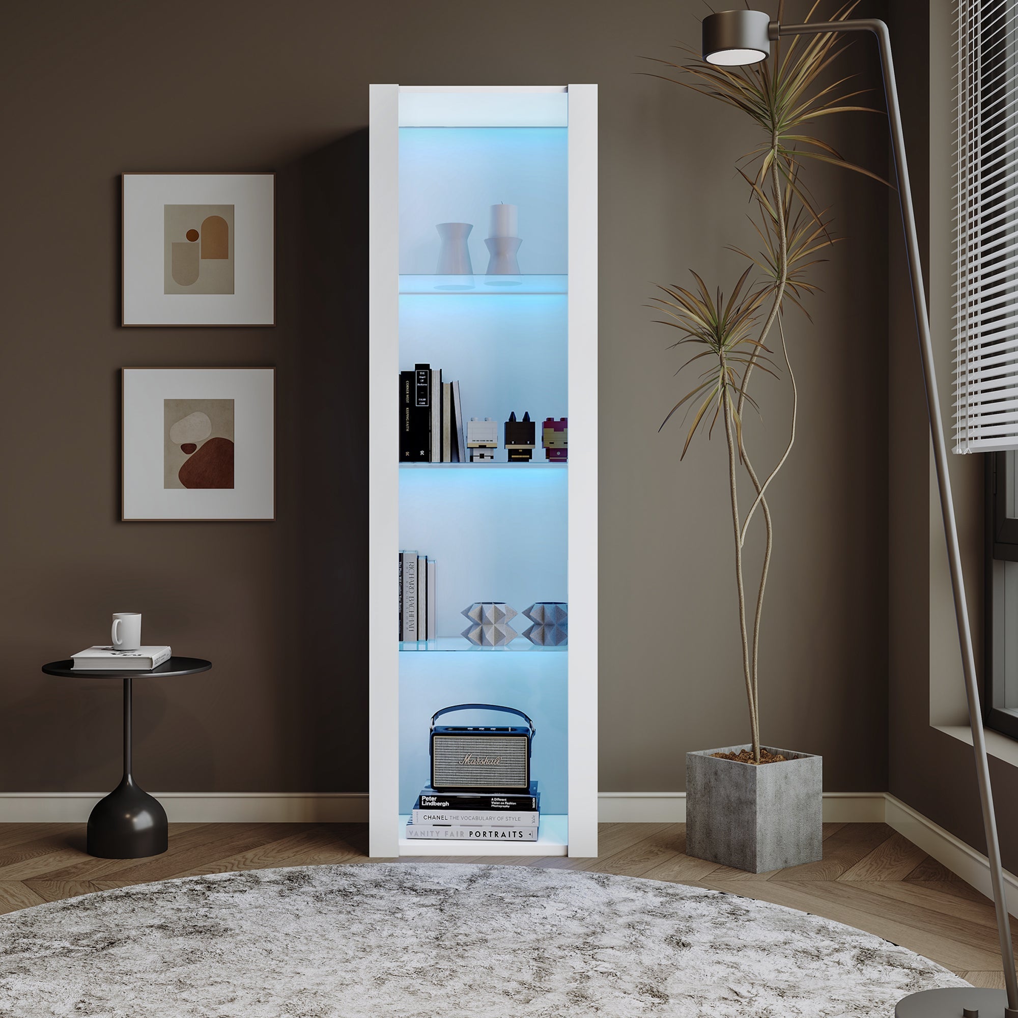 White High-Gloss Display Cabinet with LED Lighting, 3 Glass Shelves, 55x38x166 cm