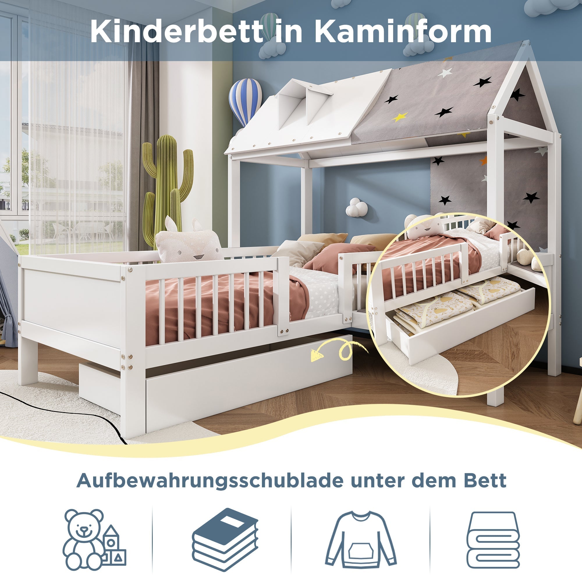 House Bed Single Multifunctional Tent Drawers 90x200cm - White Wood