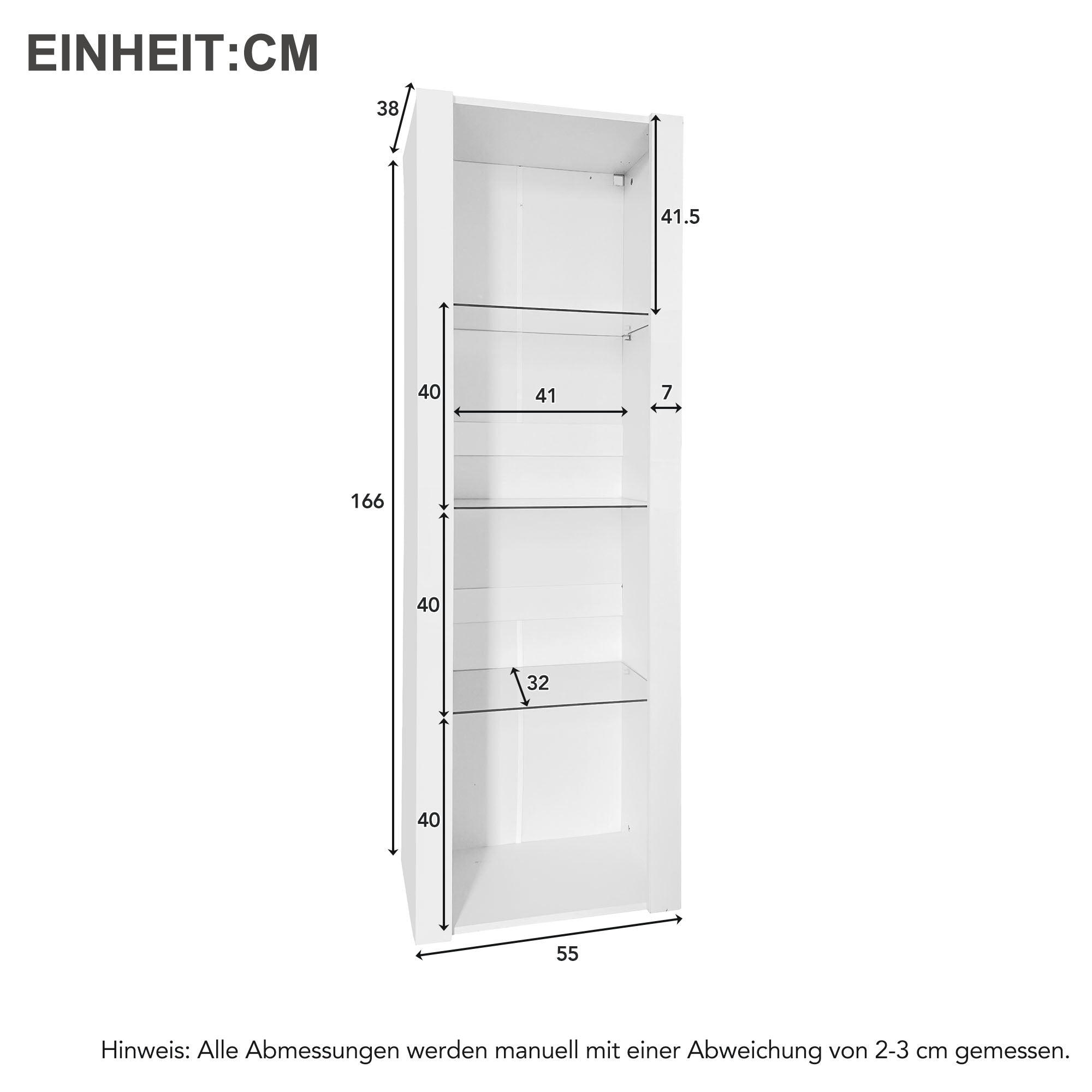 White High-Gloss Display Cabinet with LED Lighting, 3 Glass Shelves, 55x38x166 cm