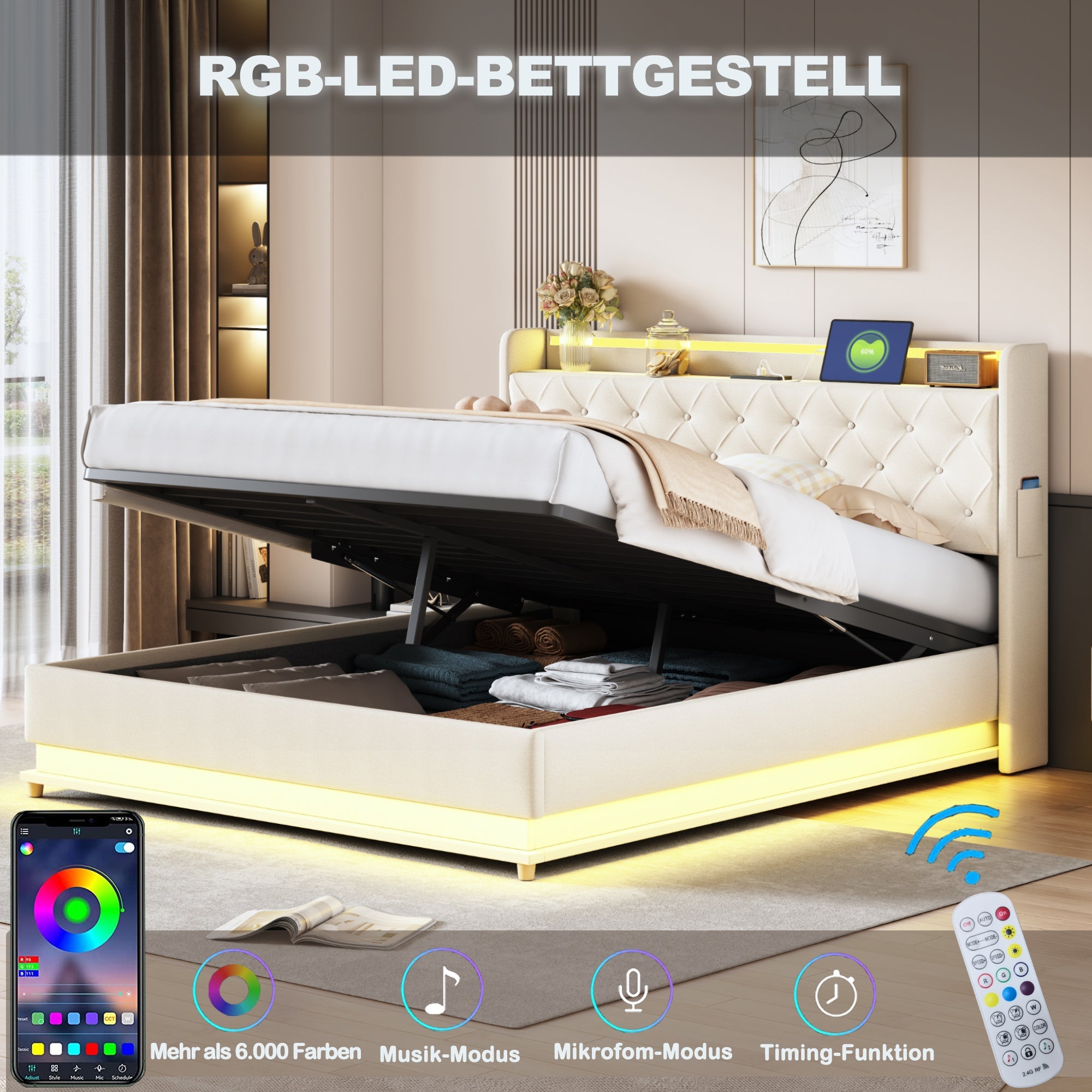 LED Upholstered Bed, 160x200 cm with USB Charging & Hydraulic Storage, Linen Fabric Beige