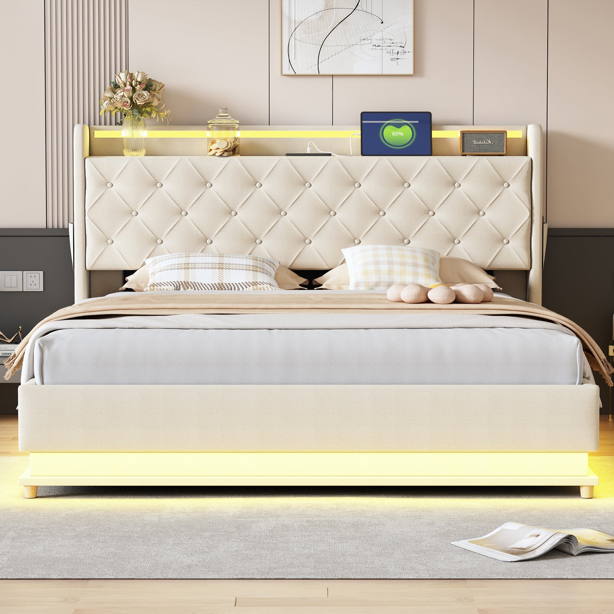 LED Upholstered Bed, 160x200 cm with USB Charging & Hydraulic Storage, Linen Fabric Beige