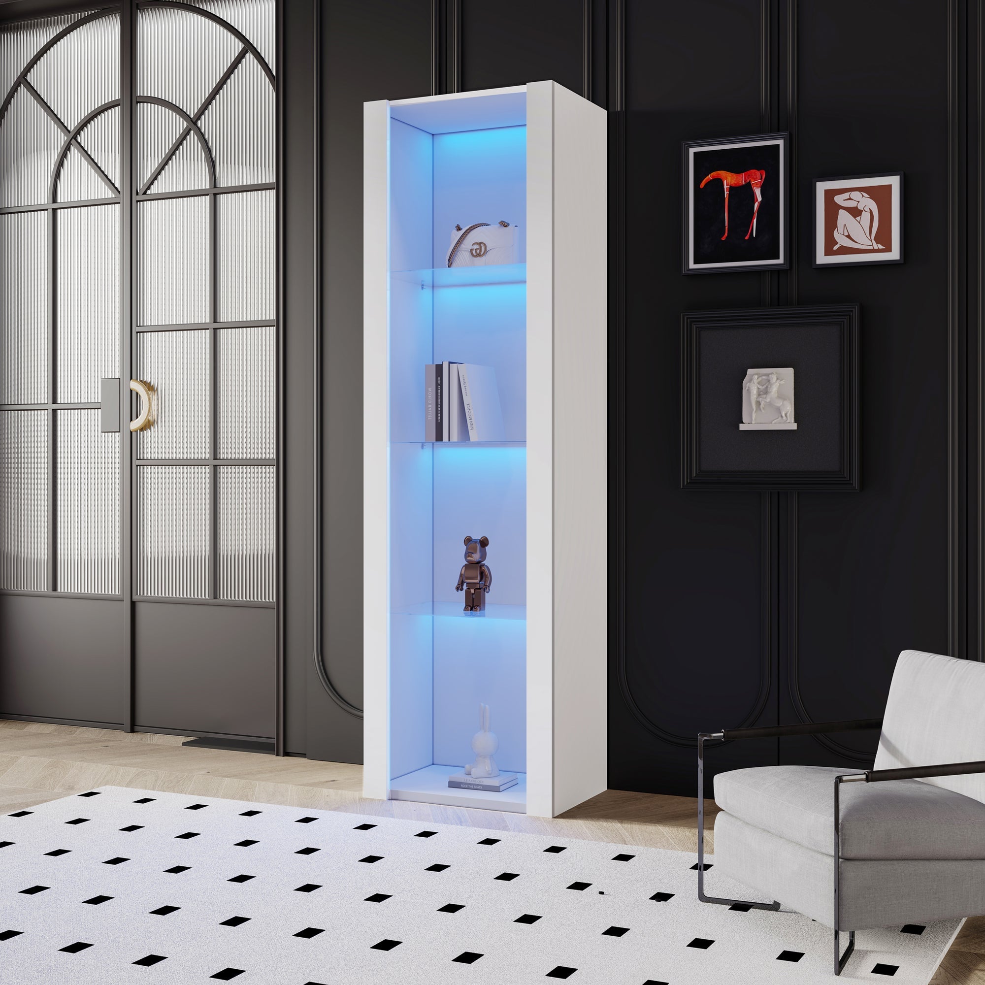 White High-Gloss Display Cabinet with LED Lighting, 3 Glass Shelves, 55x38x166 cm