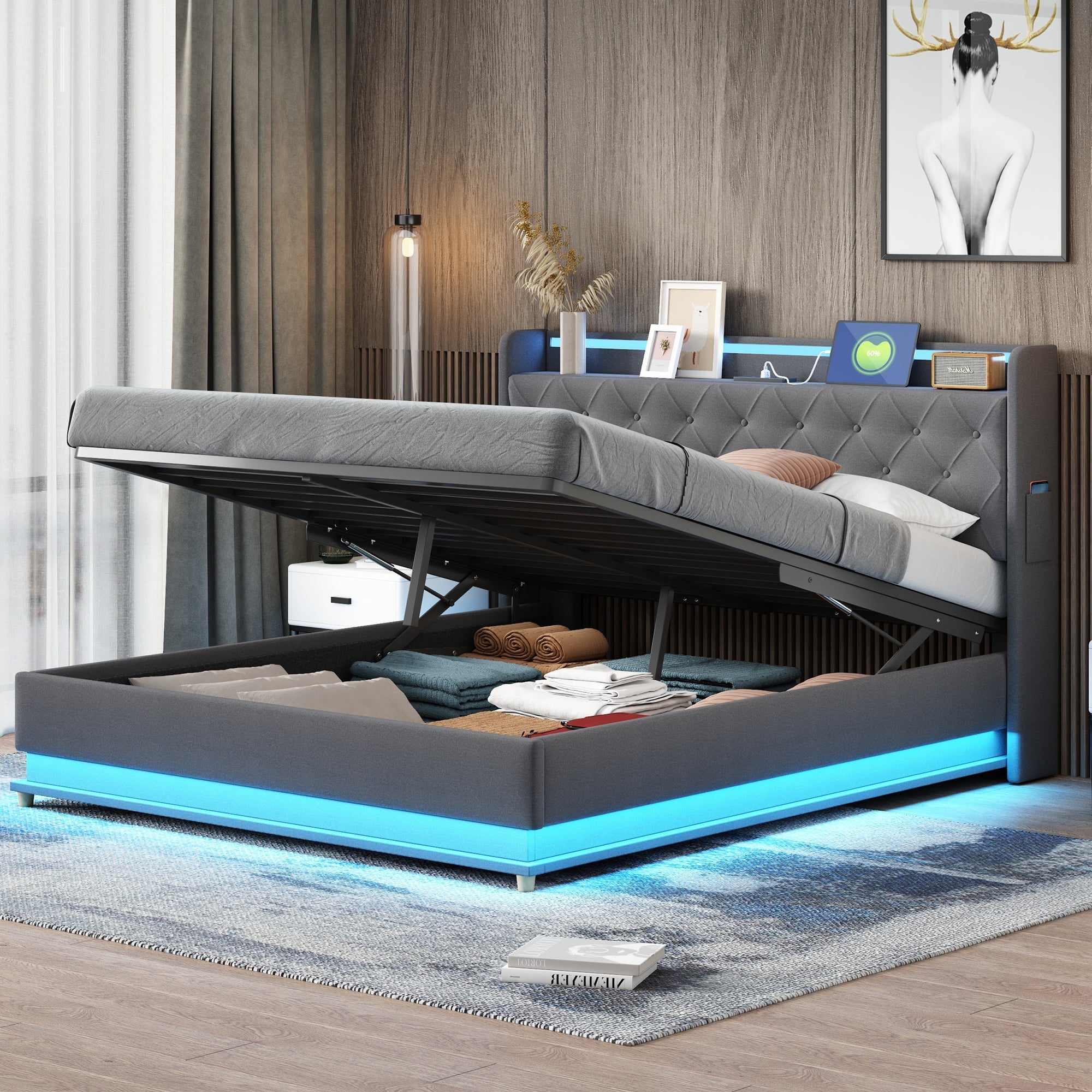 LED Upholstered Bed, 160x200 cm with USB Charging & Hydraulic Storage, Linen Fabric Gray