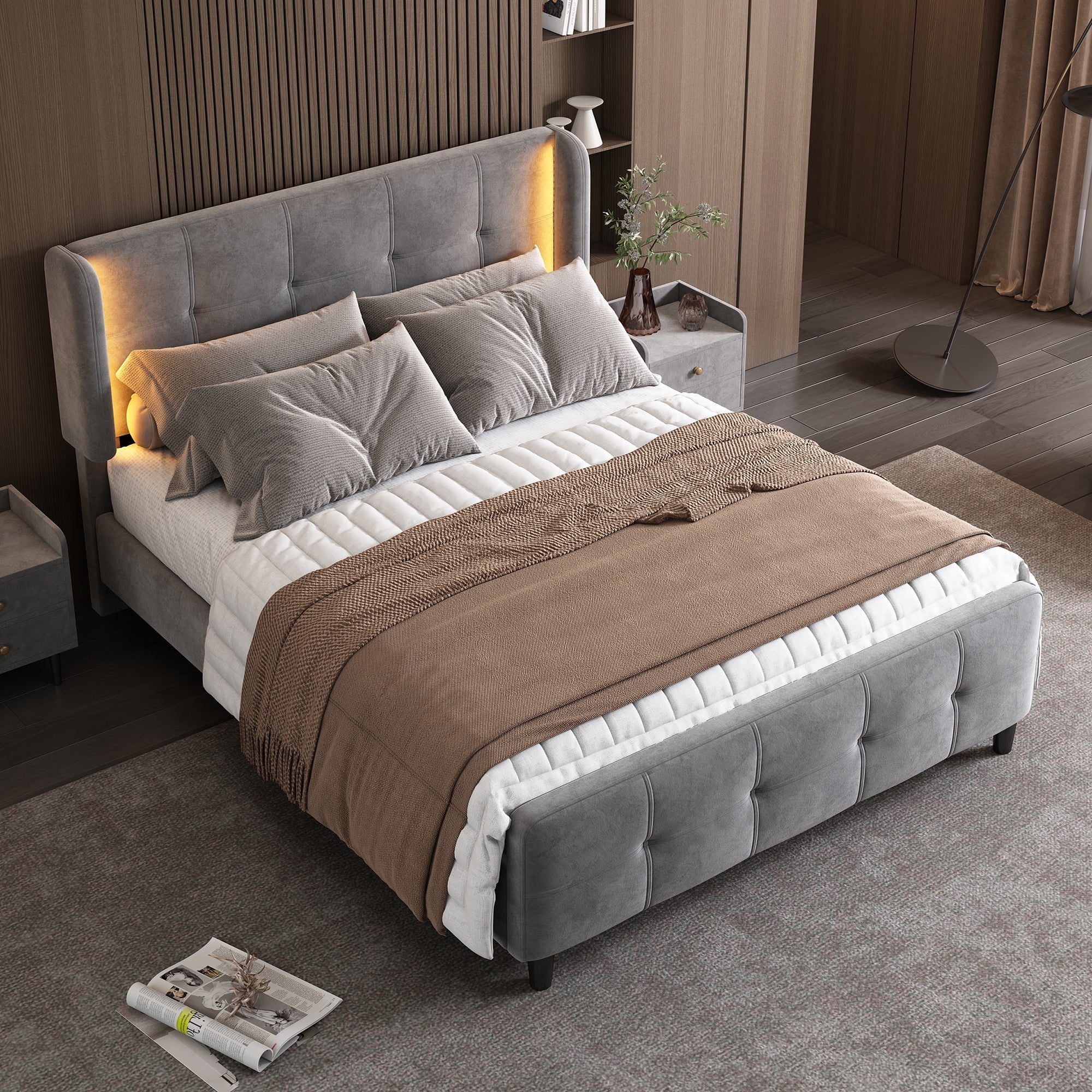Upholstered Bed, Double with 16-Color LED, Adjustable Headboard, Velvet Gray