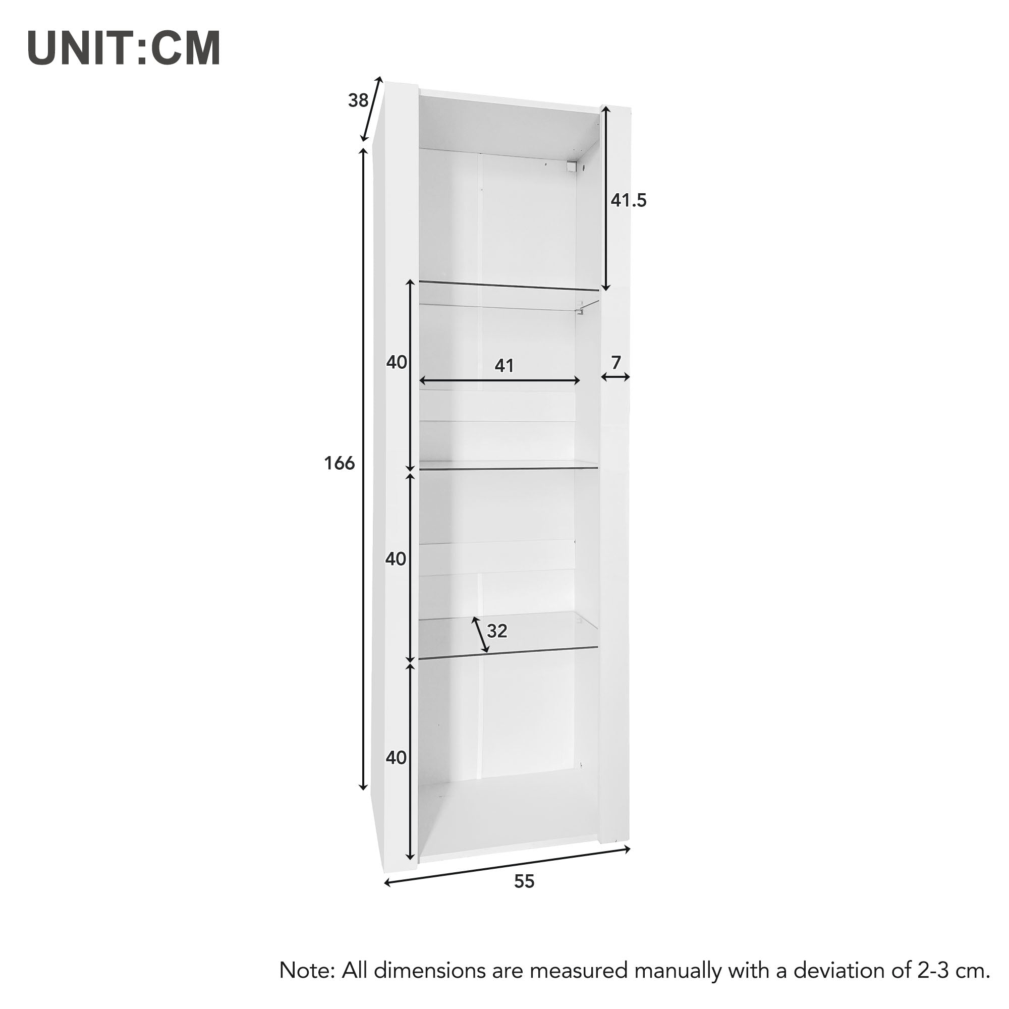 White High-Gloss Display Cabinet with LED Lighting, 3 Glass Shelves, 55x38x166 cm
