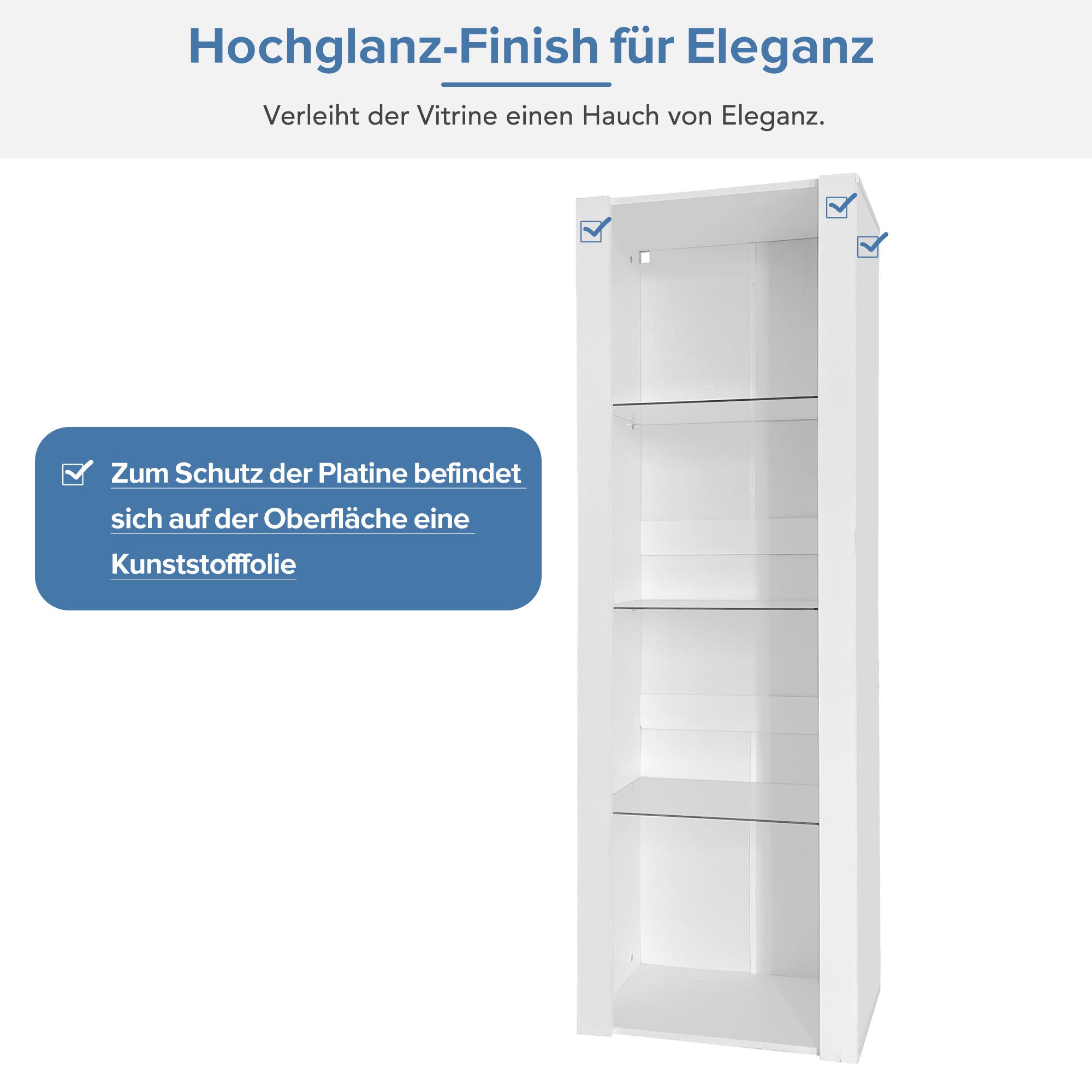 White High-Gloss Display Cabinet with LED Lighting, 3 Glass Shelves, 55x38x166 cm