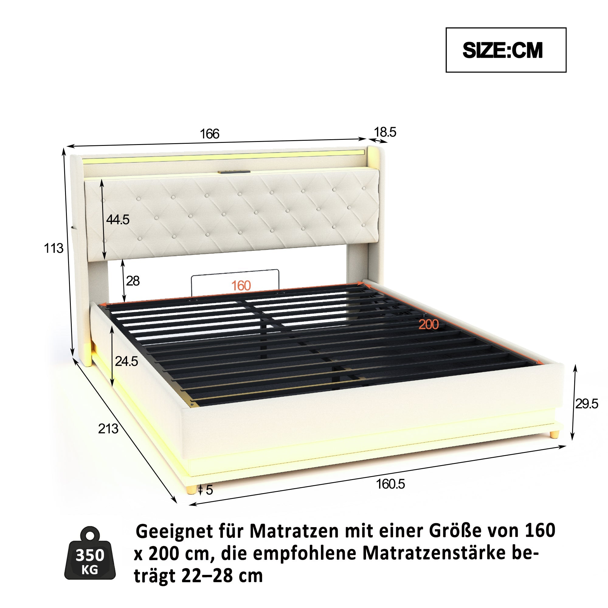LED Upholstered Bed, 160x200 cm with USB Charging & Hydraulic Storage, Linen Fabric Beige