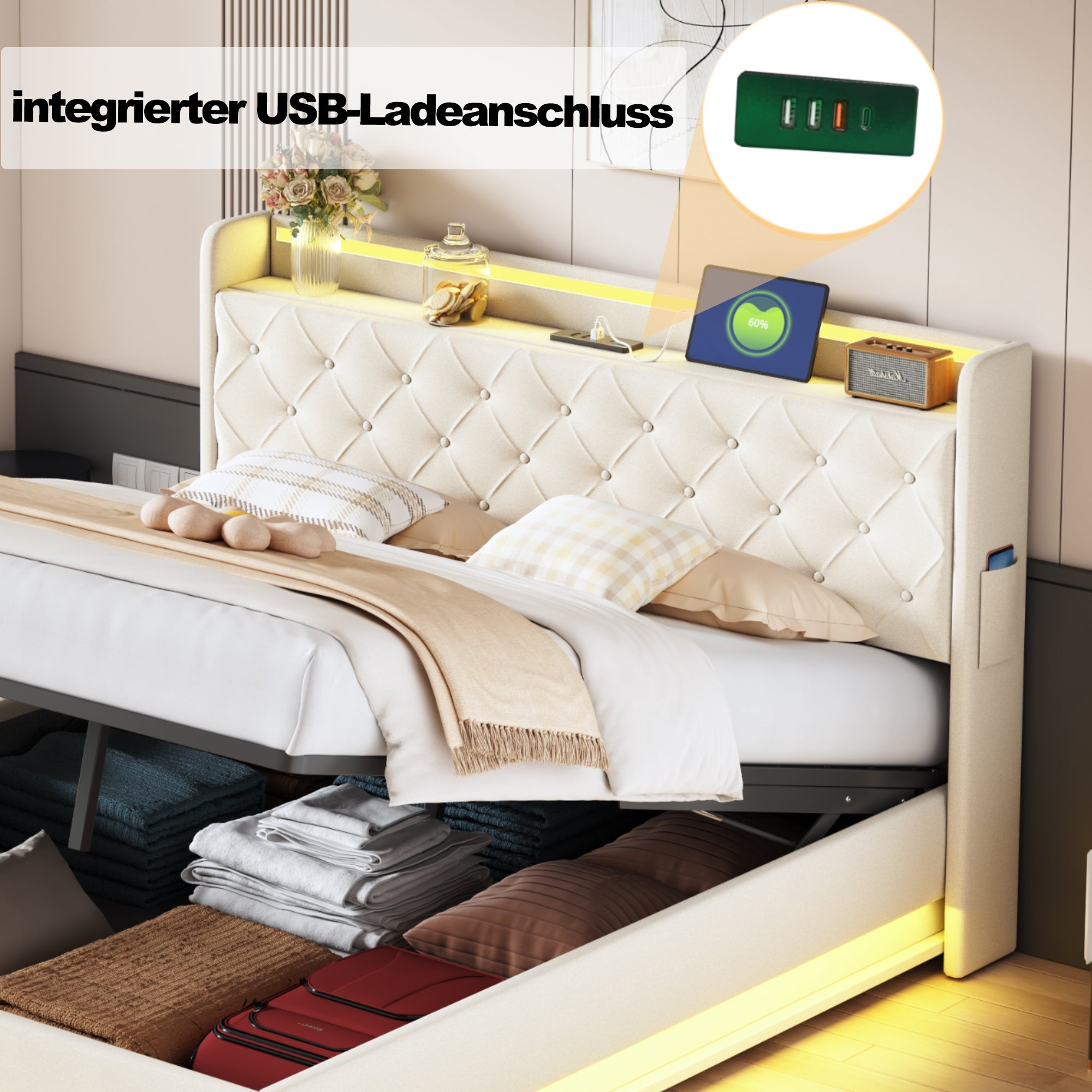 LED Upholstered Bed, 160x200 cm with USB Charging & Hydraulic Storage, Linen Fabric Beige
