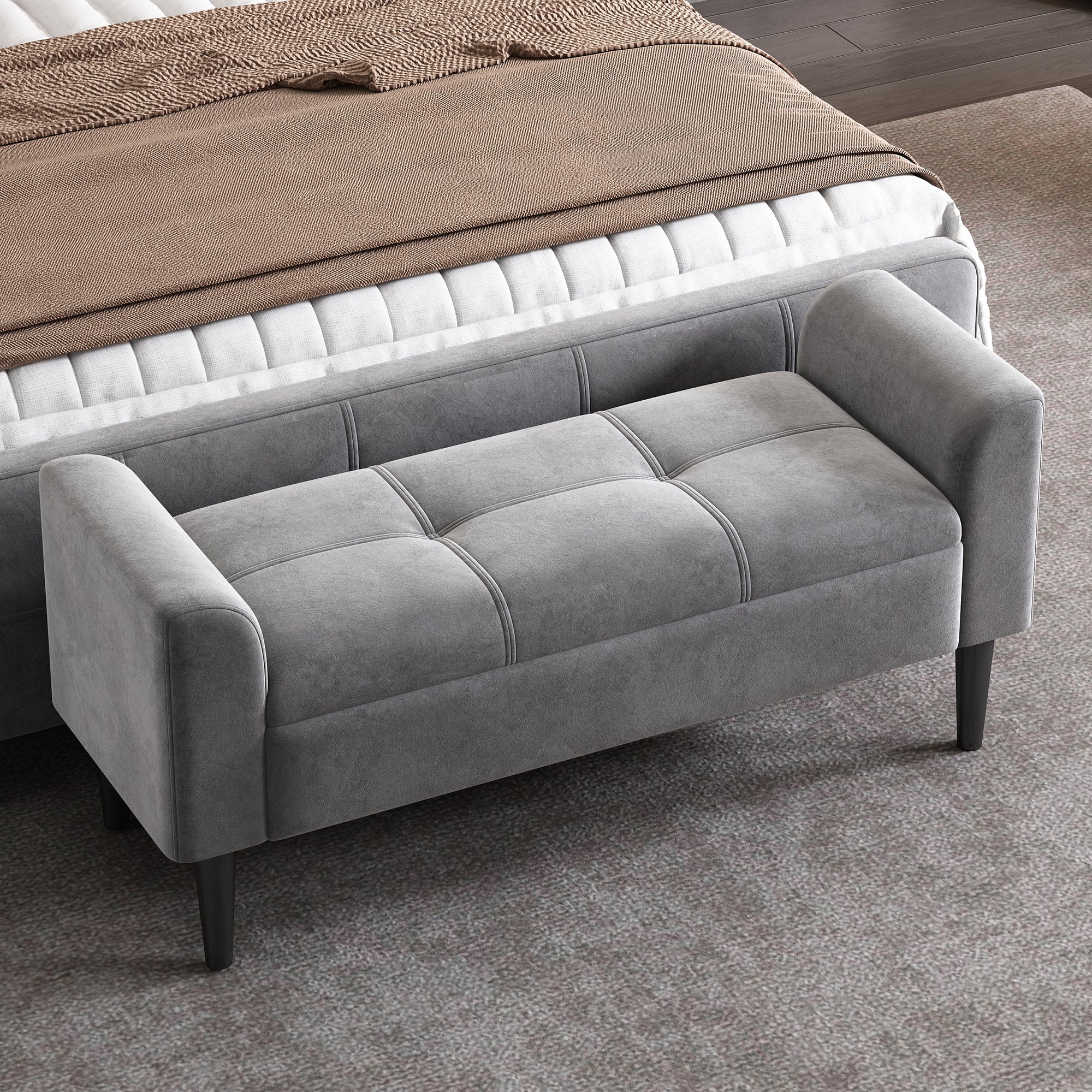 Upholstered Benches with Armrests, Quilted Pattern, Velvet, Grey