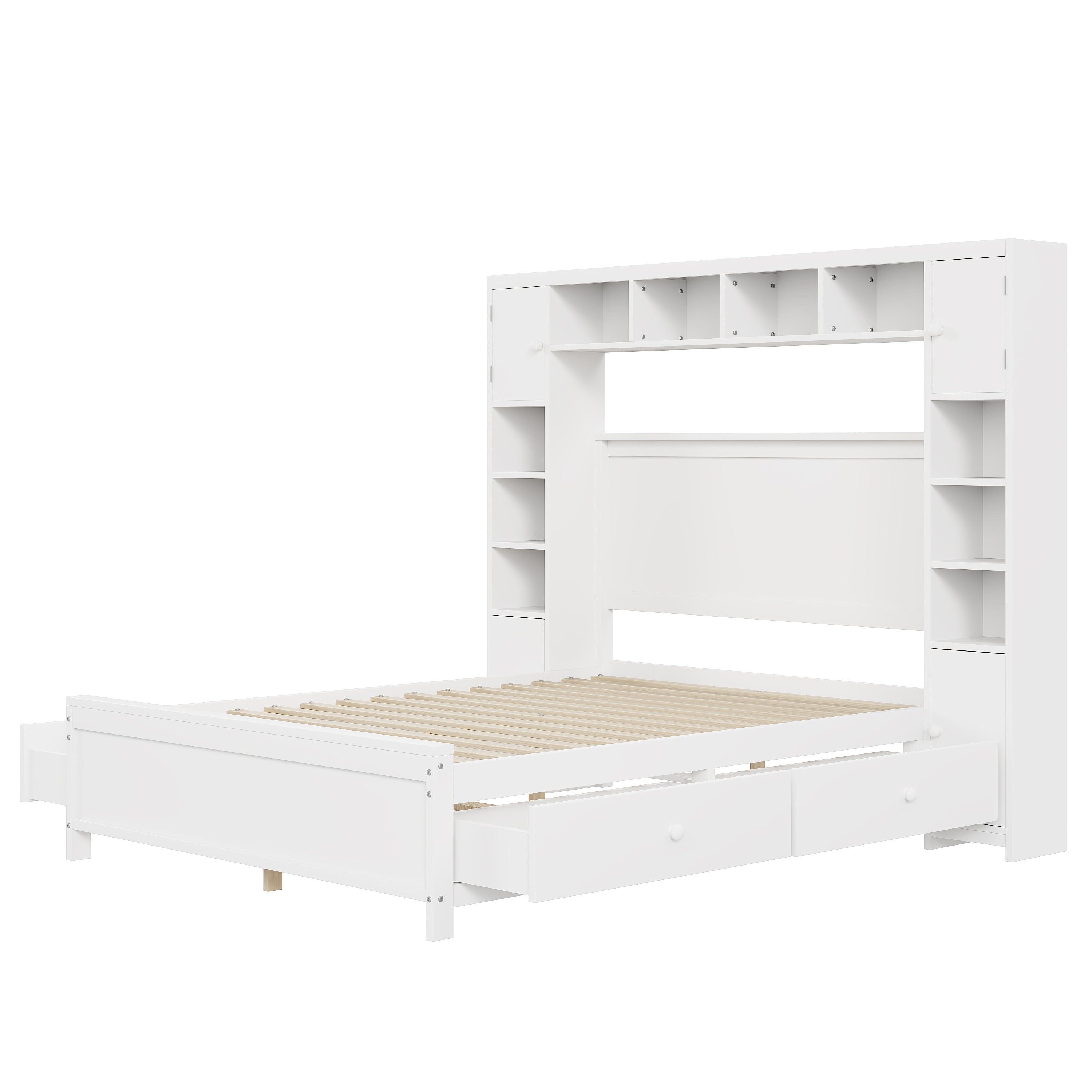 Bed Frame, 140x200 with 4 Drawers & Storage Cabinet, Solid Wood, White