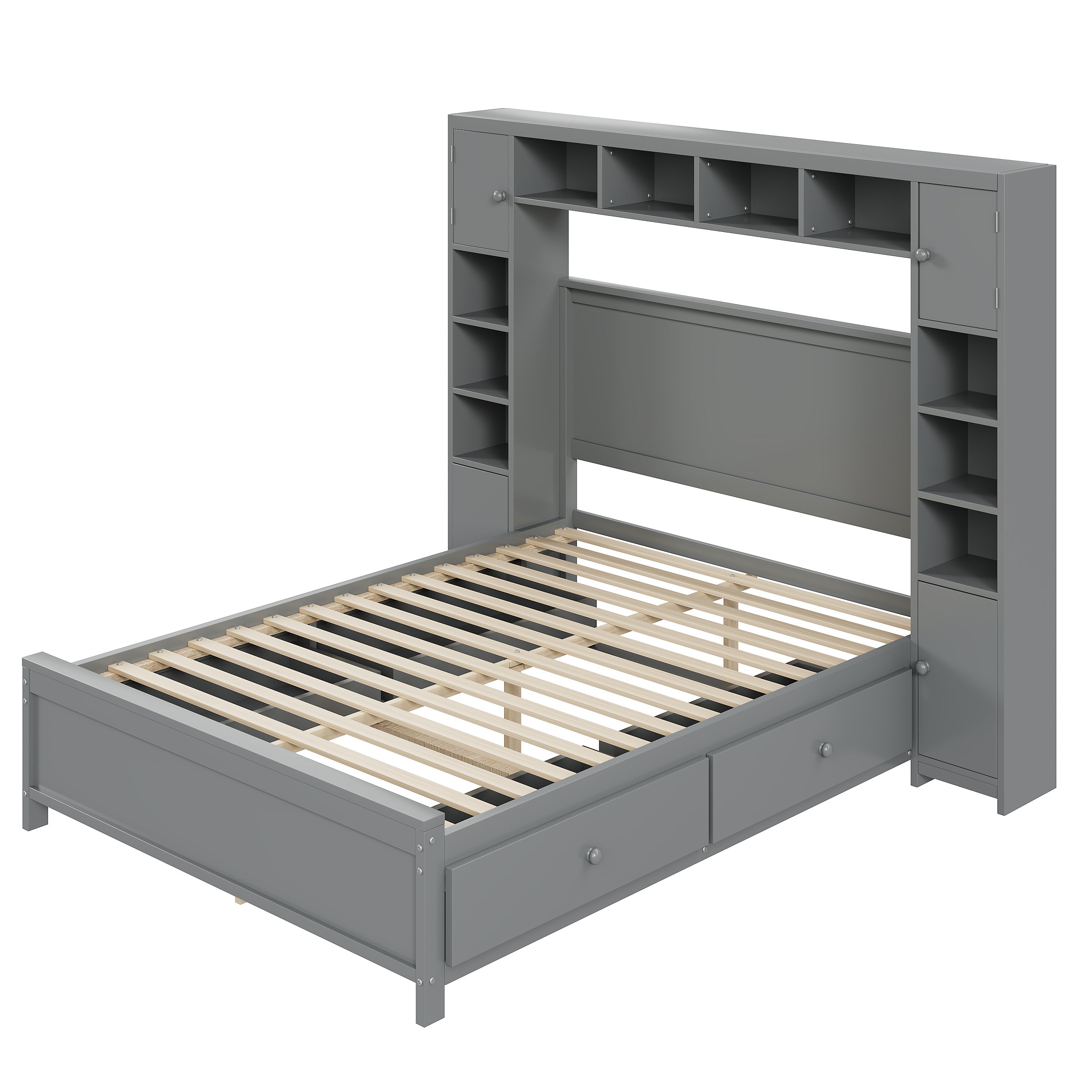 Bed Frame, 140x200 with 4 Drawers & Storage Cabinet, Solid Wood, Grey