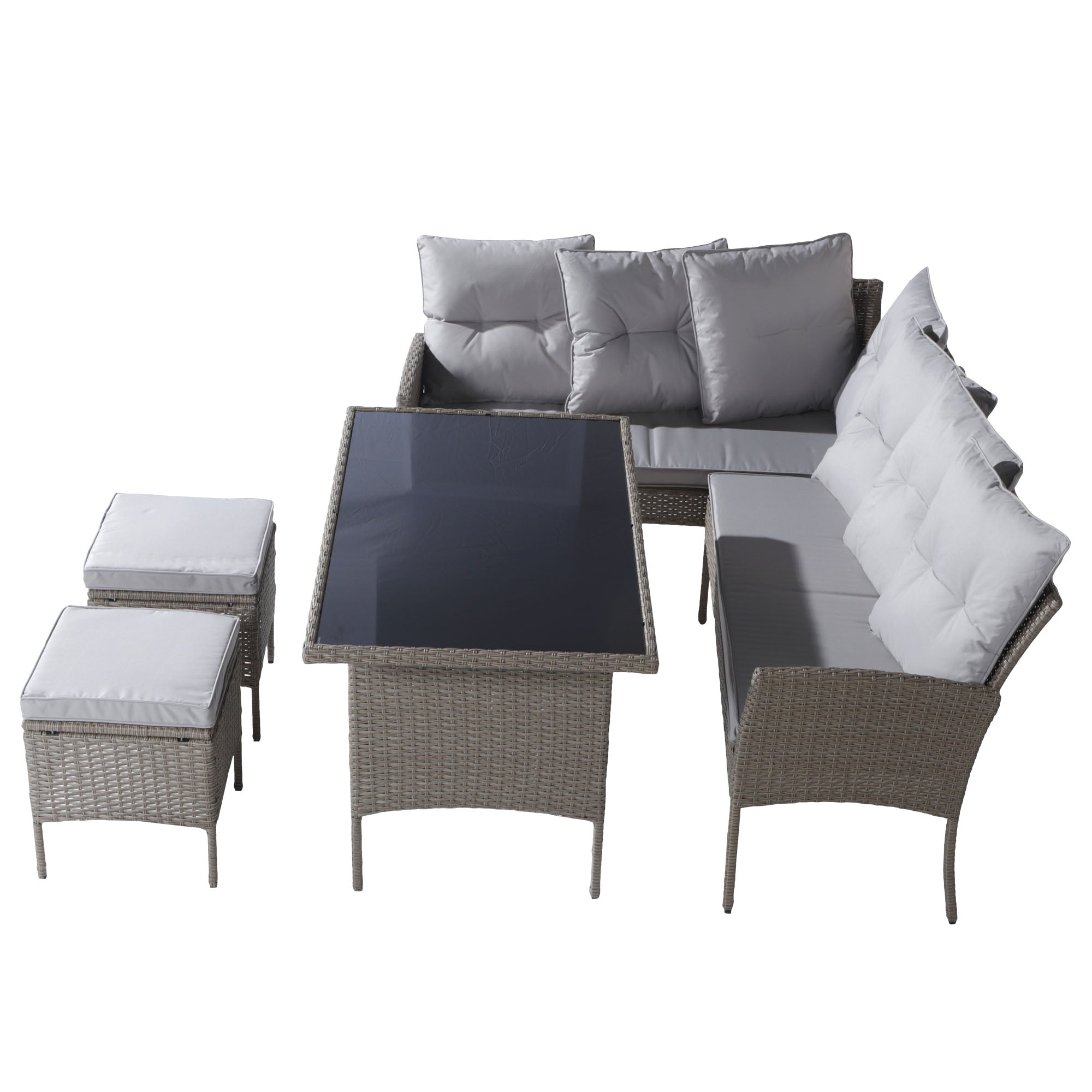 Poly Rattan Dining Set for 7 People with Sofa, Table and Stools, Khaki