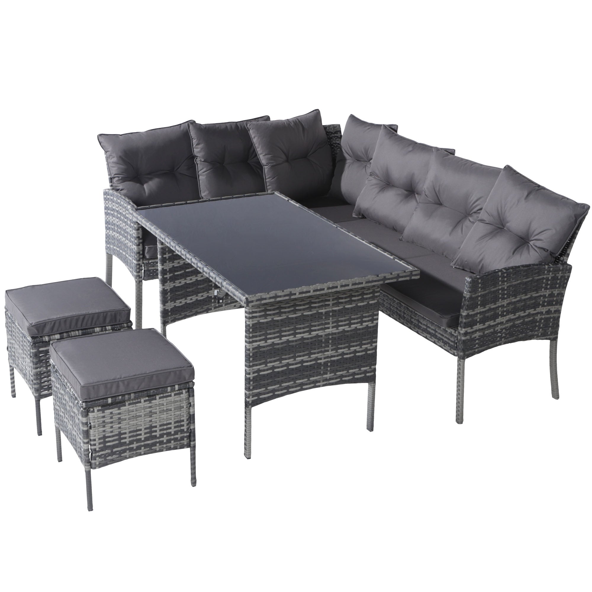 Poly Rattan Dining Set for 7 People with Sofa, Table and Stools, Grey