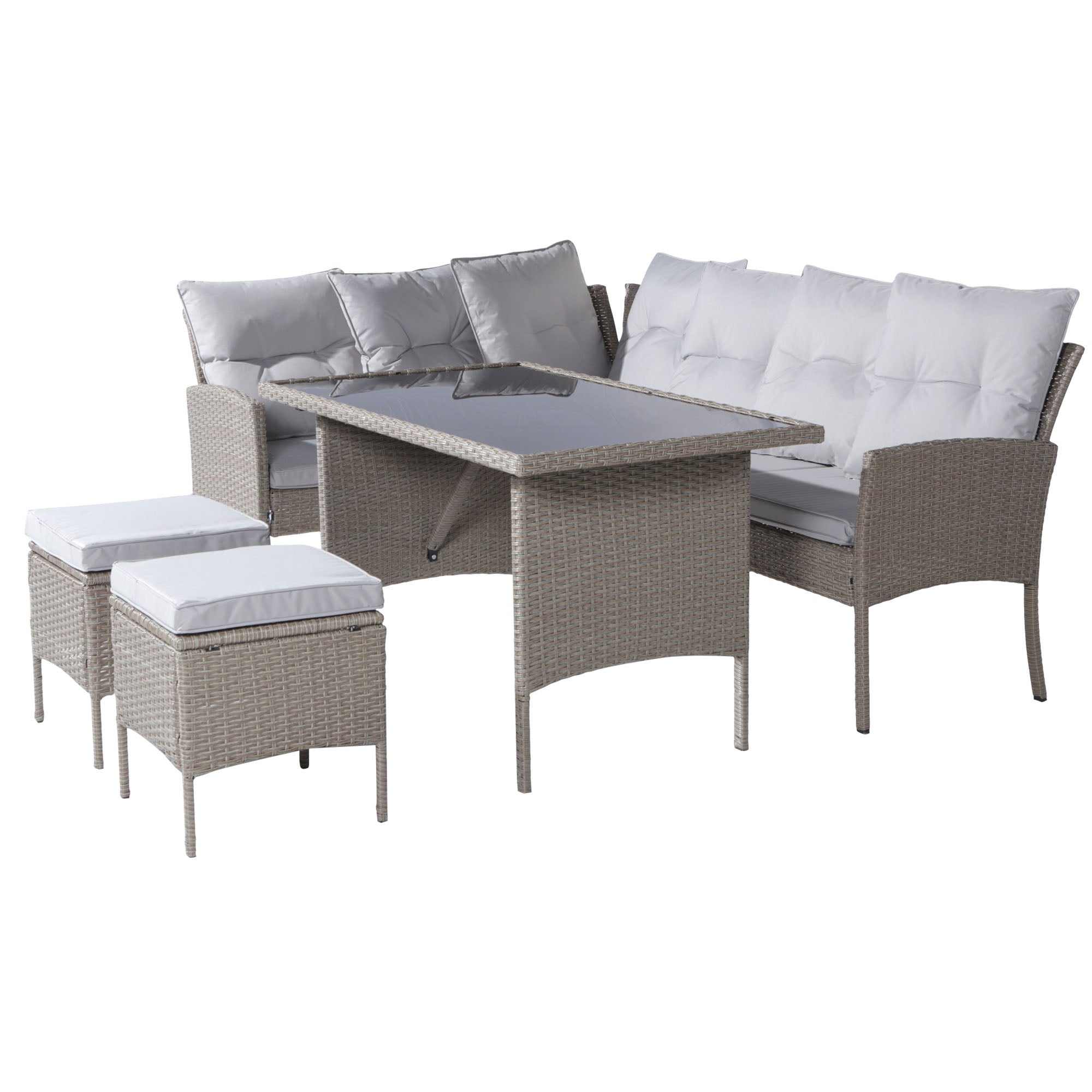 Poly Rattan Dining Set for 7 People with Sofa, Table and Stools, Khaki