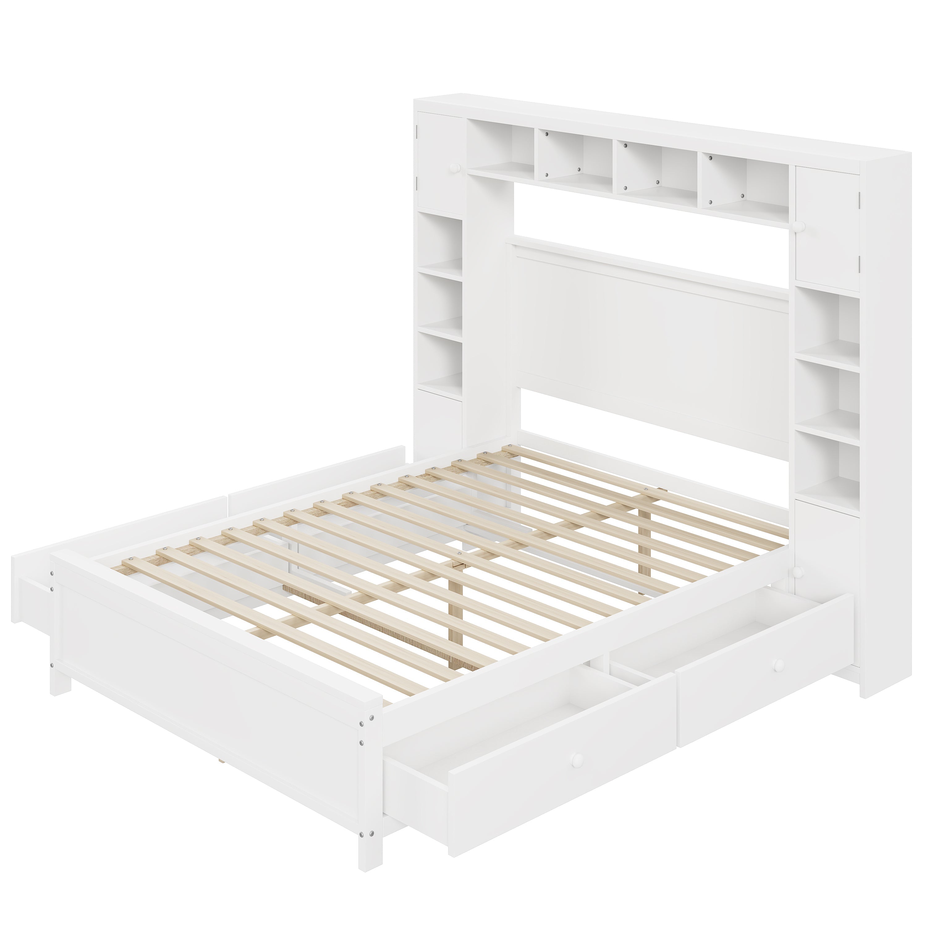 Bed Frame, 140x200 with 4 Drawers & Storage Cabinet, Solid Wood, White