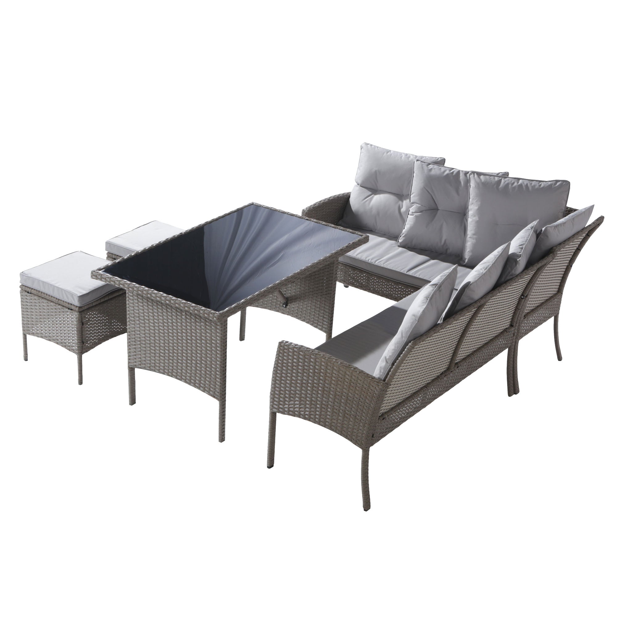 Poly Rattan Dining Set for 7 People with Sofa, Table and Stools, Khaki