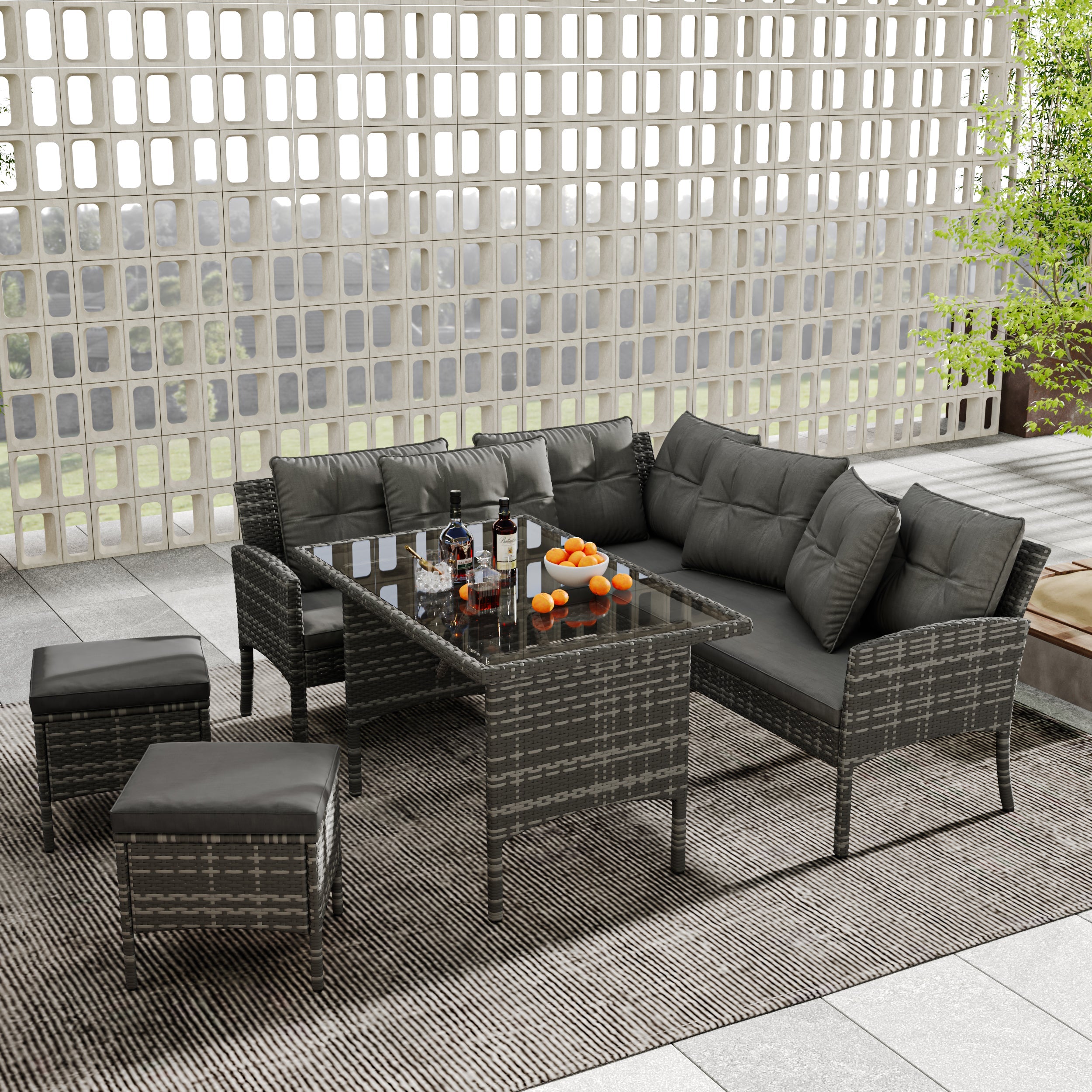 Poly Rattan Dining Set for 7 People with Sofa, Table and Stools, Grey