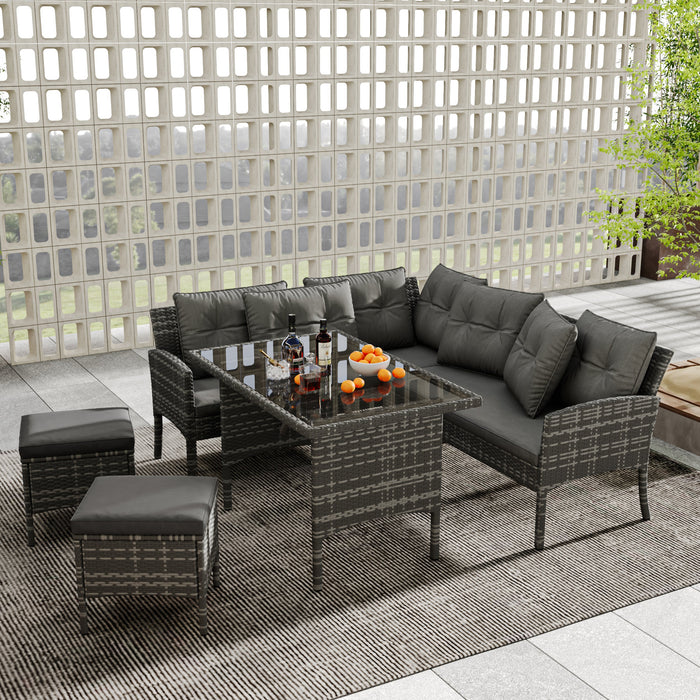 Poly Rattan Dining Set for 7 People with Sofa, Table and Stools, Grey