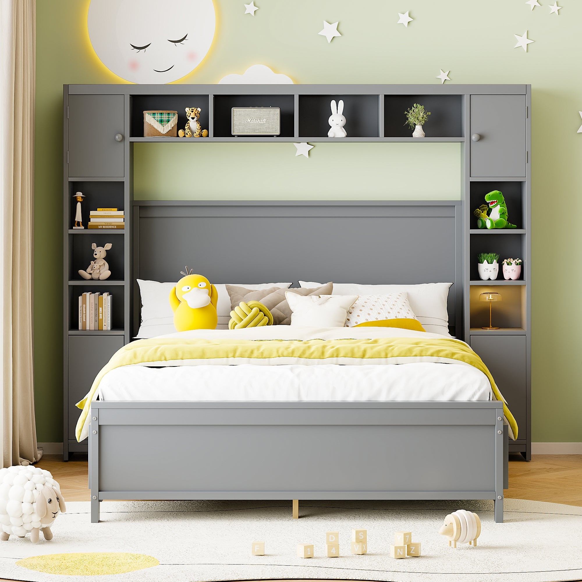 Bed Frame, 140x200 with 4 Drawers & Storage Cabinet, Solid Wood, Grey