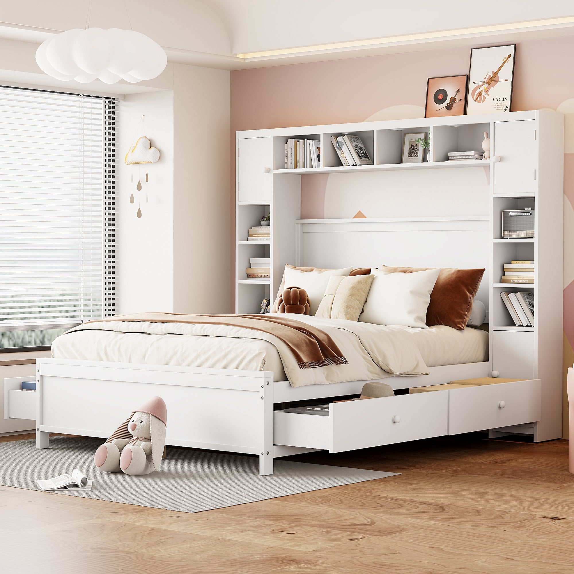 Bed Frame, 140x200 with 4 Drawers & Storage Cabinet, Solid Wood, White