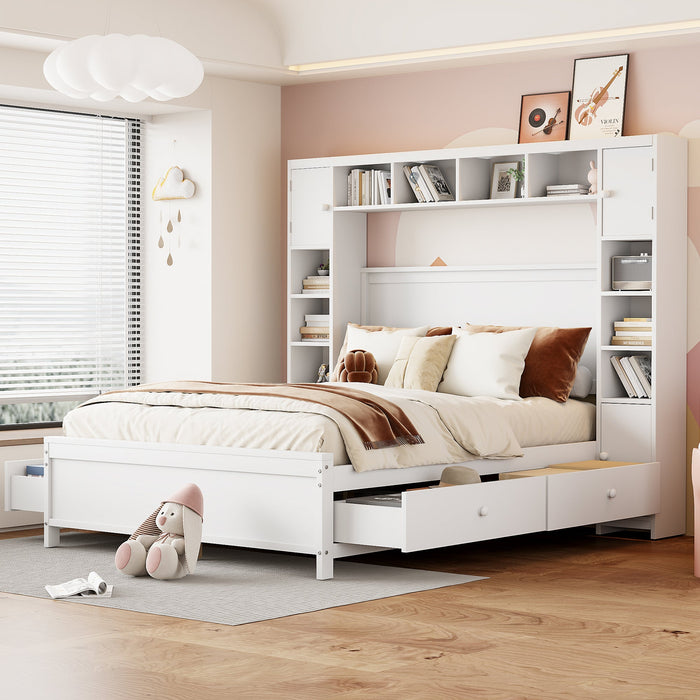 Bed Frame, 140x200 with 4 Drawers & Storage Cabinet, Solid Wood, White