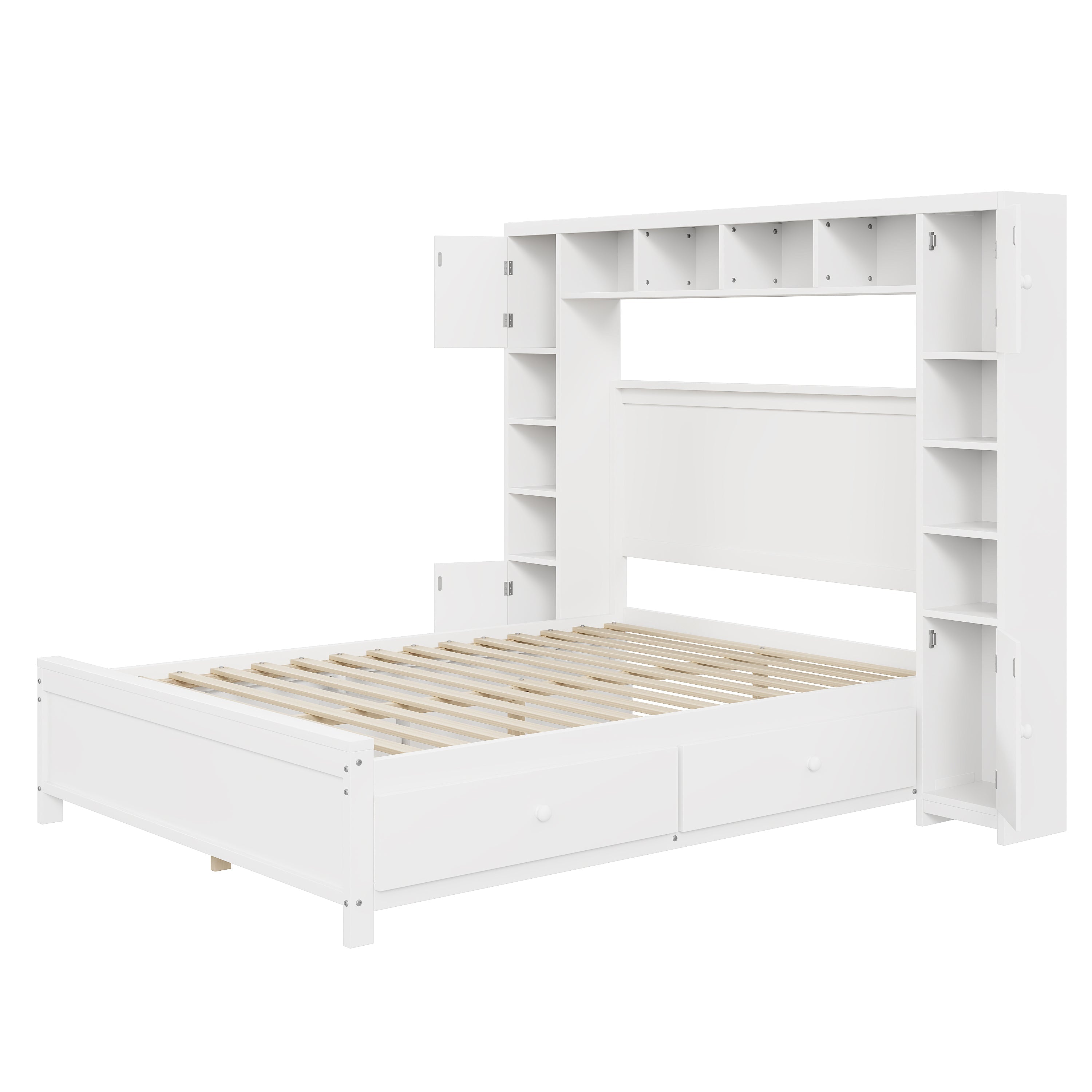 Bed Frame, 140x200 with 4 Drawers & Storage Cabinet, Solid Wood, White