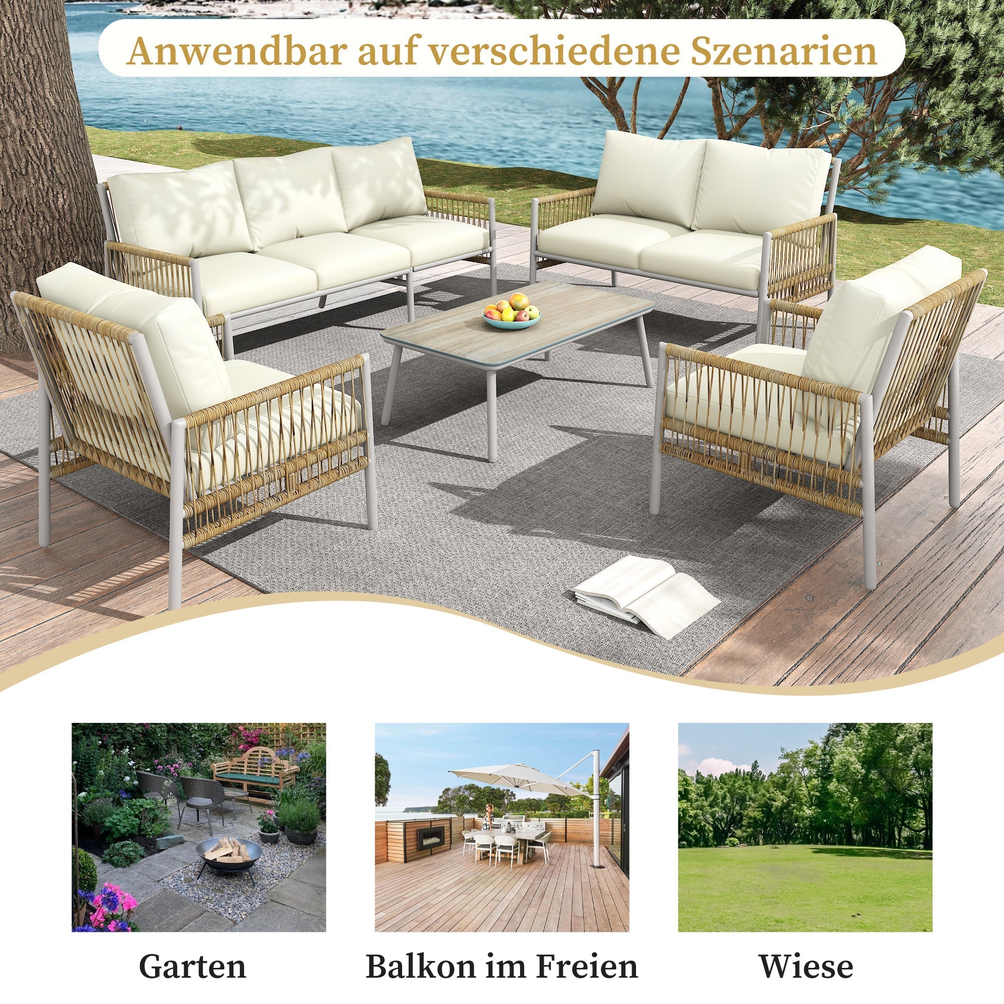 Garden Furniture Set 7-Seater Rattan Coffee Table Washable Cushions - Beige