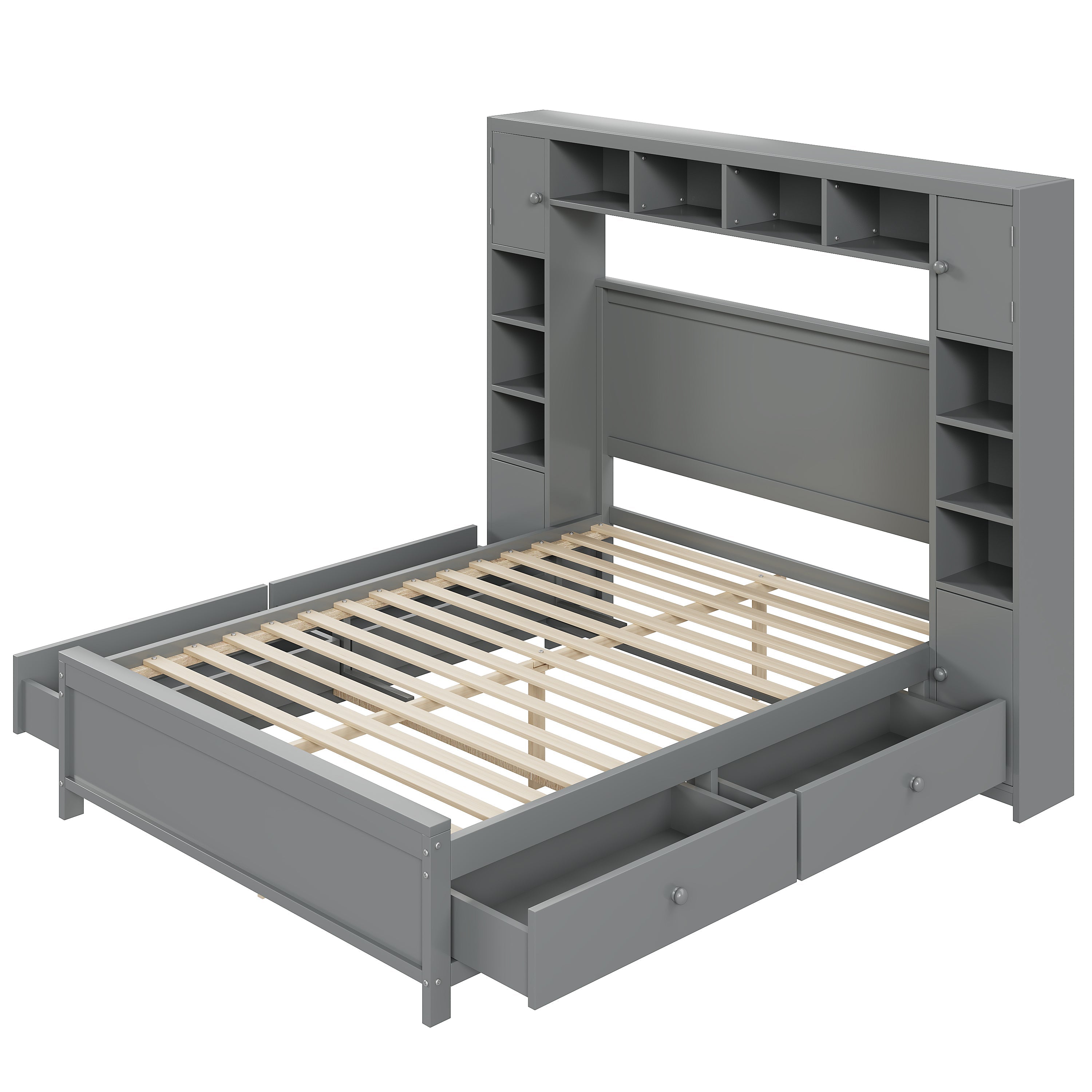 Bed Frame, 140x200 with 4 Drawers & Storage Cabinet, Solid Wood, Grey