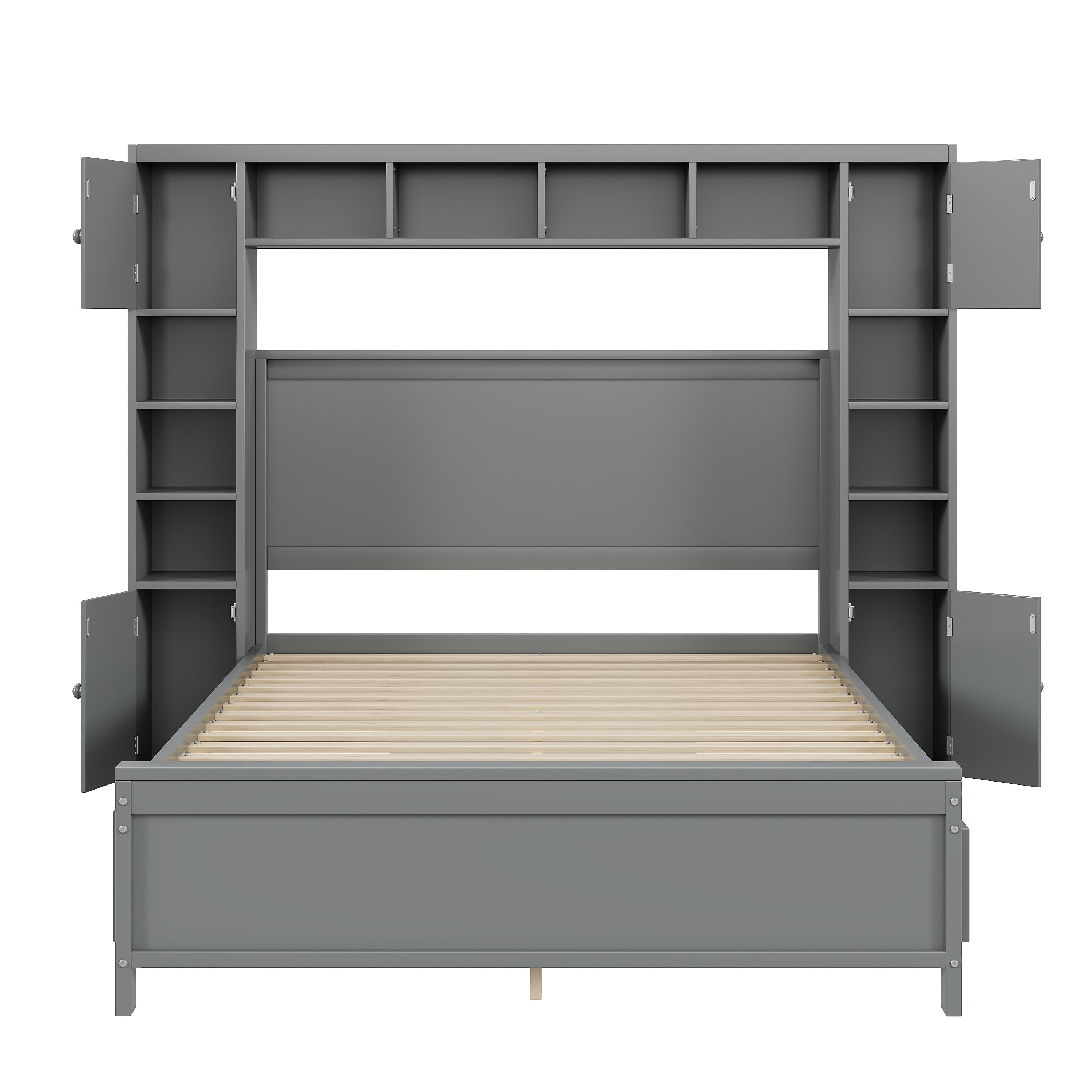 Bed Frame, 140x200 with 4 Drawers & Storage Cabinet, Solid Wood, Grey