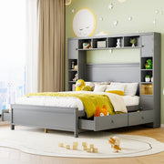 Bed Frame, 140x200 with 4 Drawers & Storage Cabinet, Solid Wood, Grey
