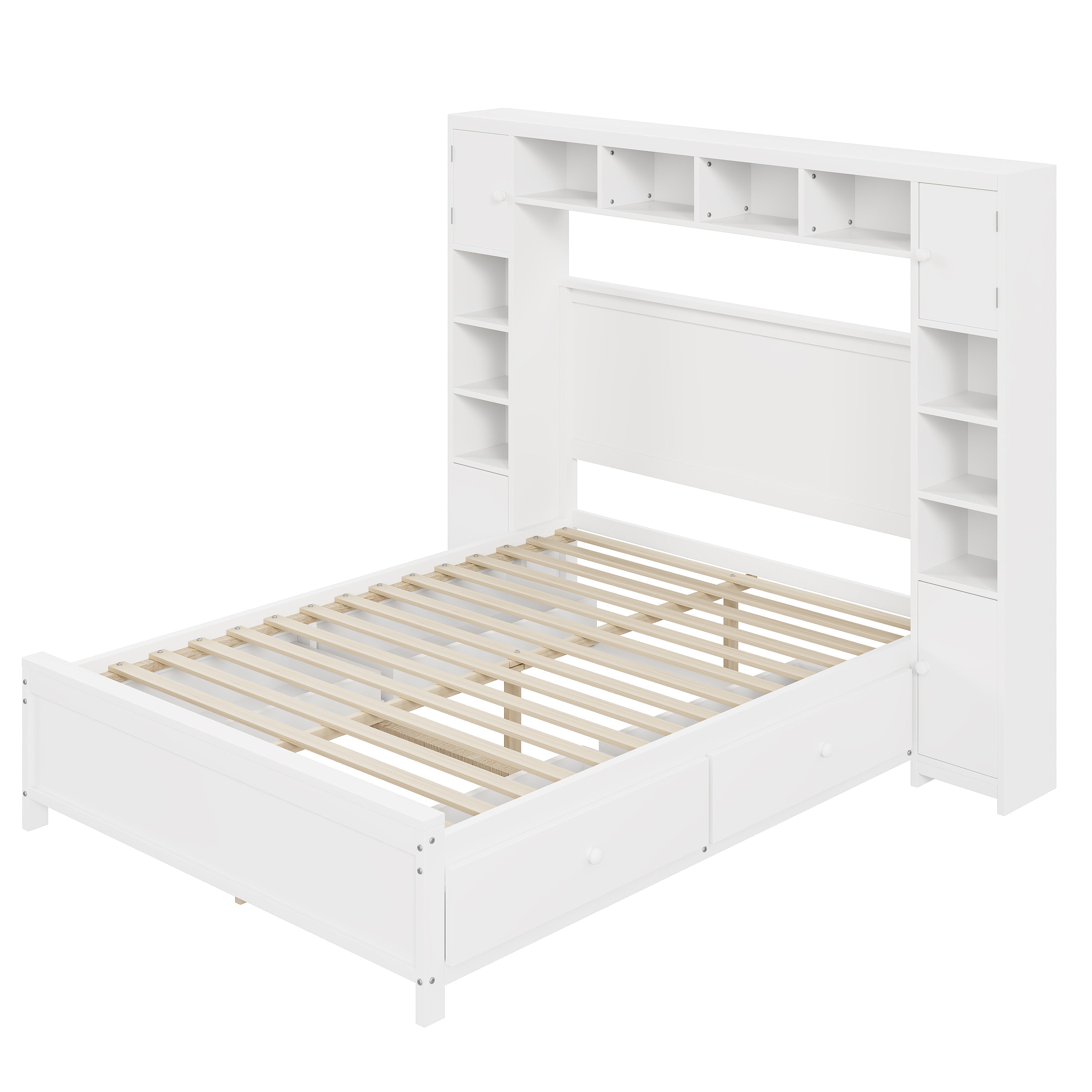 Bed Frame, 140x200 with 4 Drawers & Storage Cabinet, Solid Wood, White