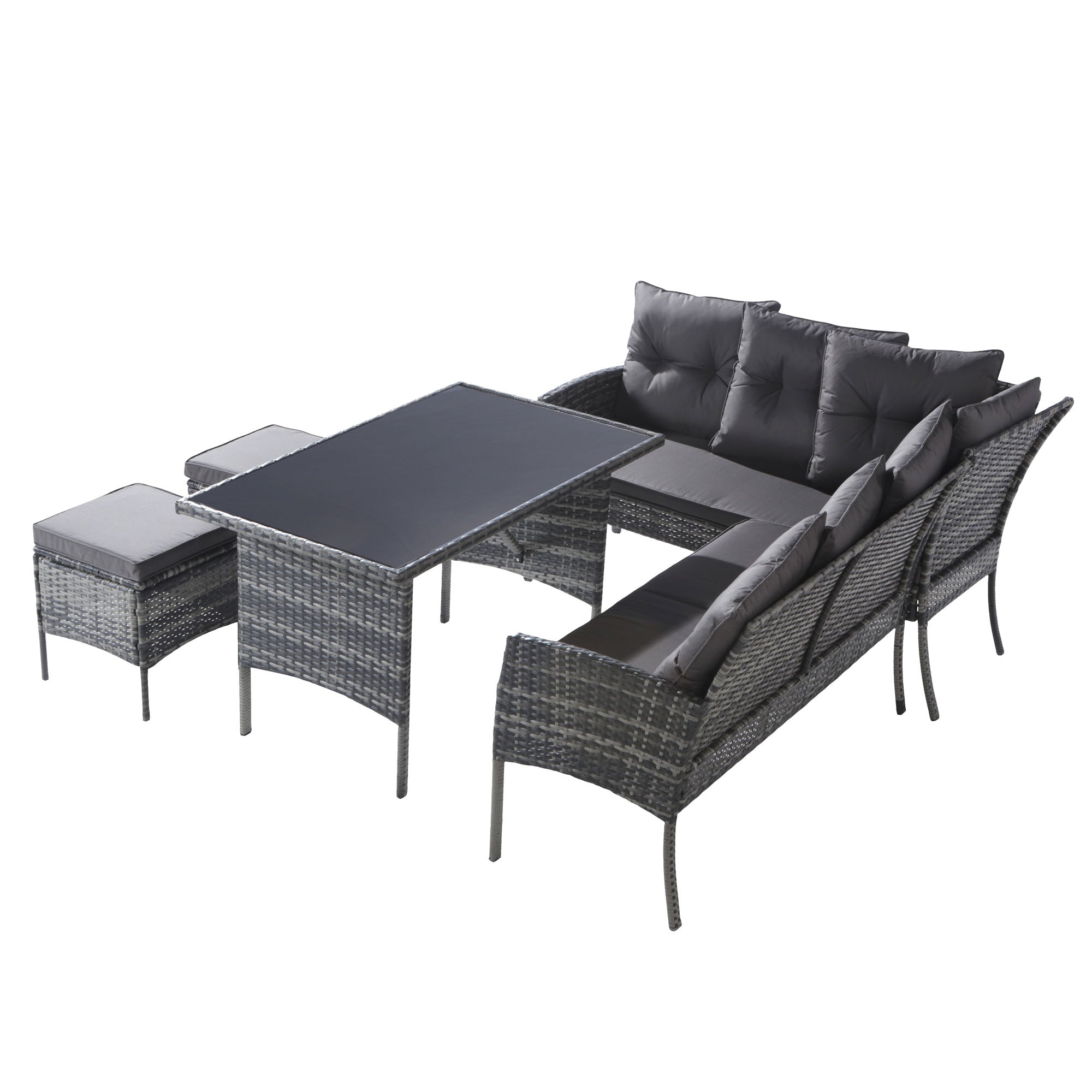 Poly Rattan Dining Set for 7 People with Sofa, Table and Stools, Grey
