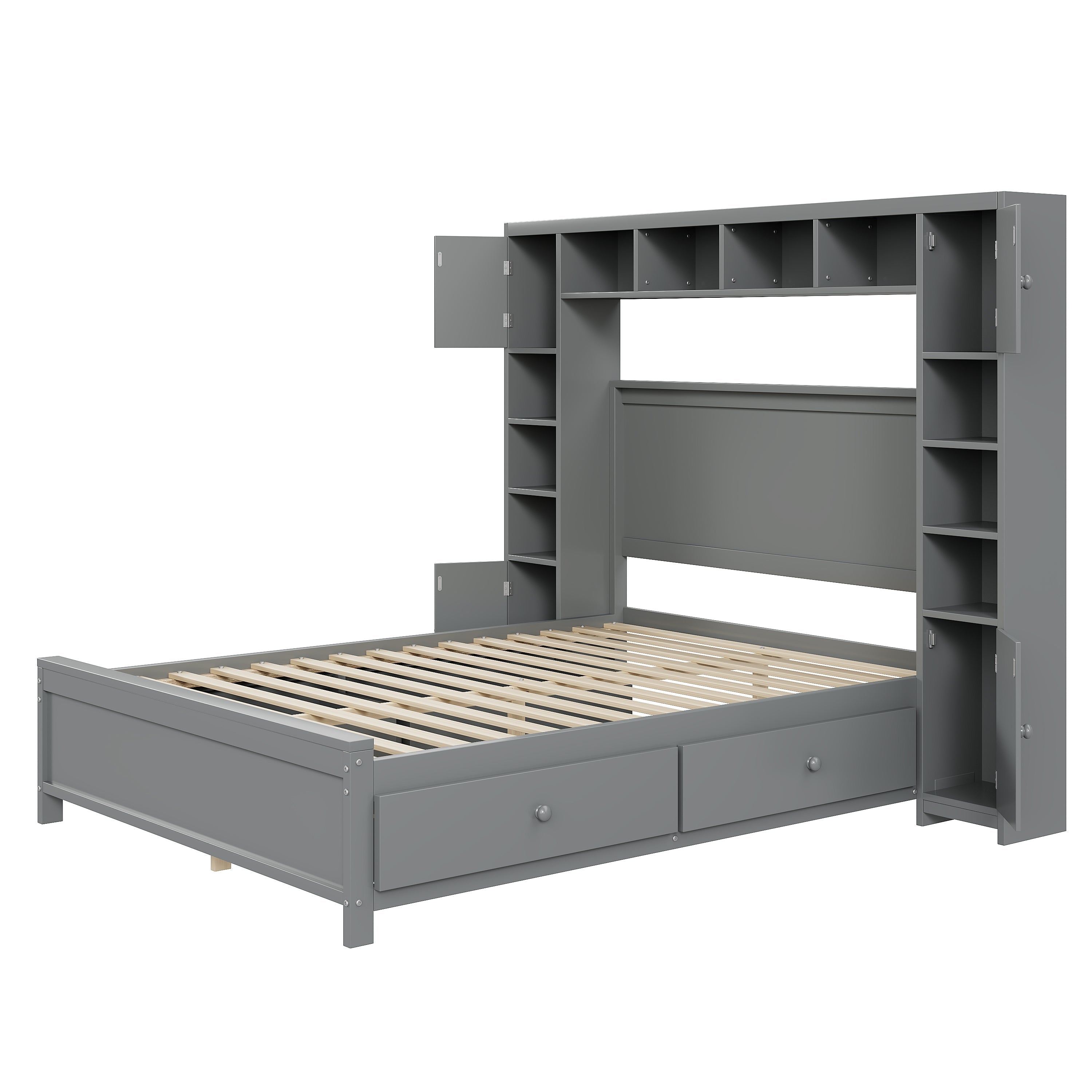 Bed Frame, 140x200 with 4 Drawers & Storage Cabinet, Solid Wood, Grey