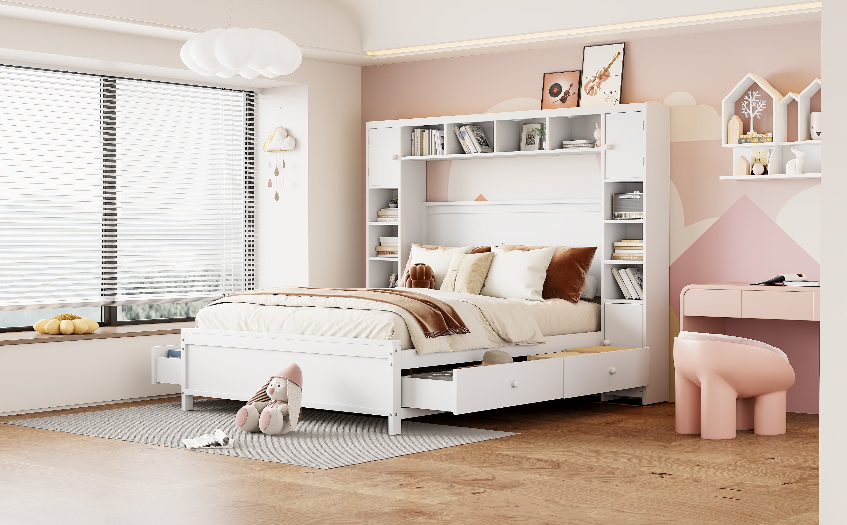 Bed Frame, 140x200 with 4 Drawers & Storage Cabinet, Solid Wood, White
